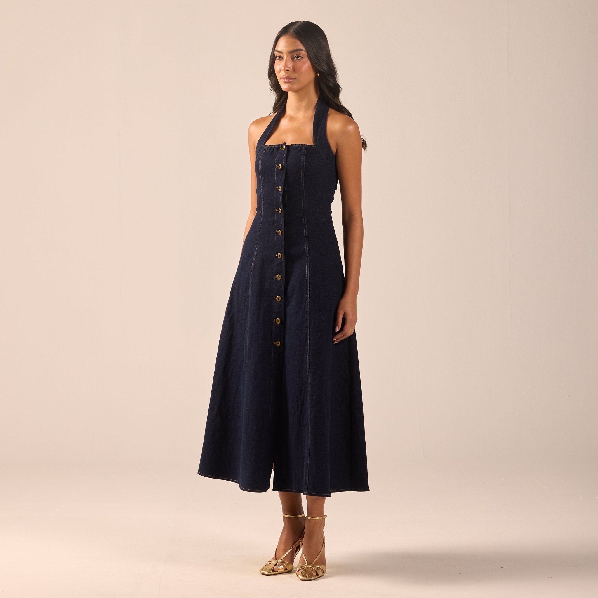 Halter Neck Denim Maxi Dress - shopaleena