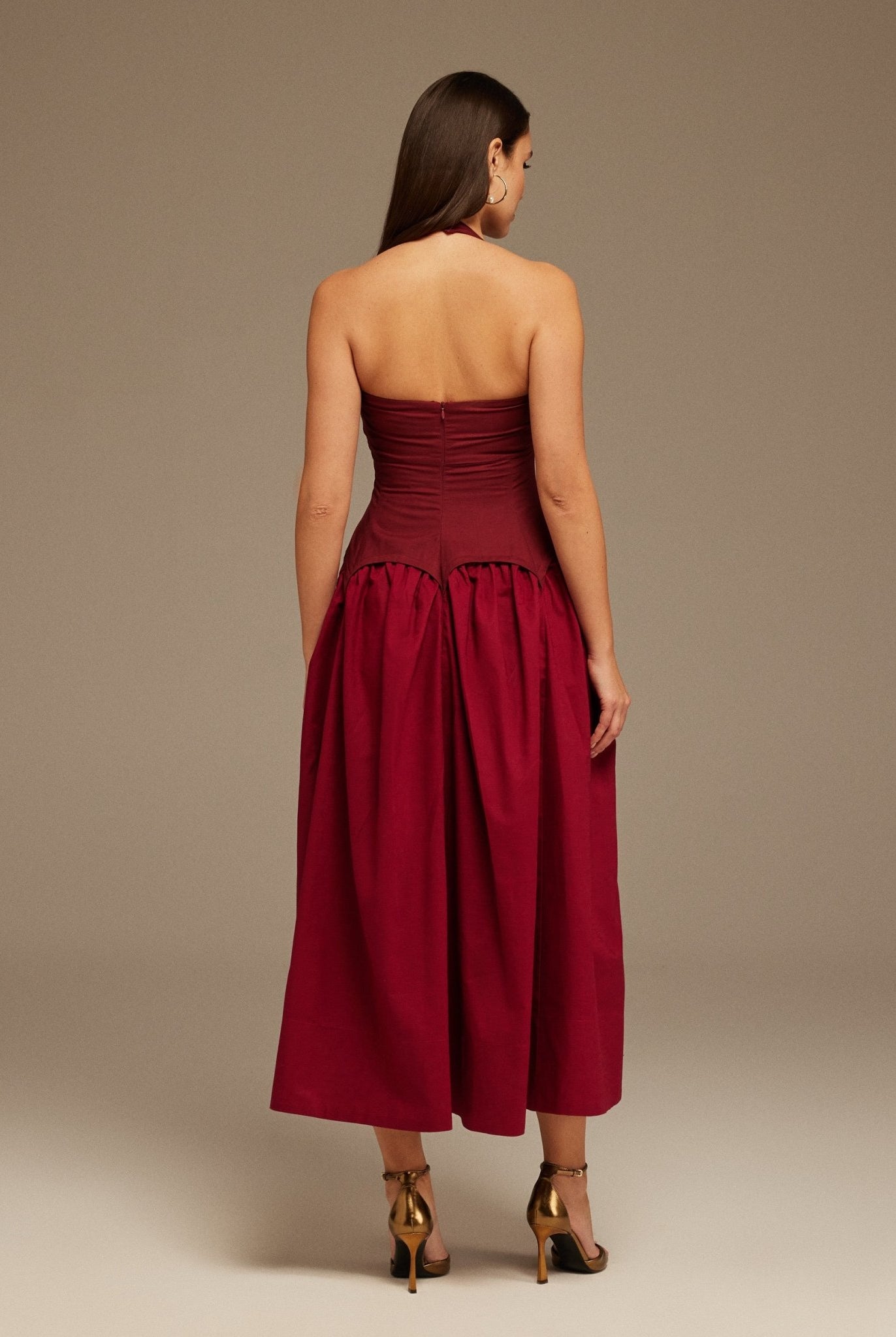 Halter Neck Midi Dress with Layered Puff Sleeves - shopaleena