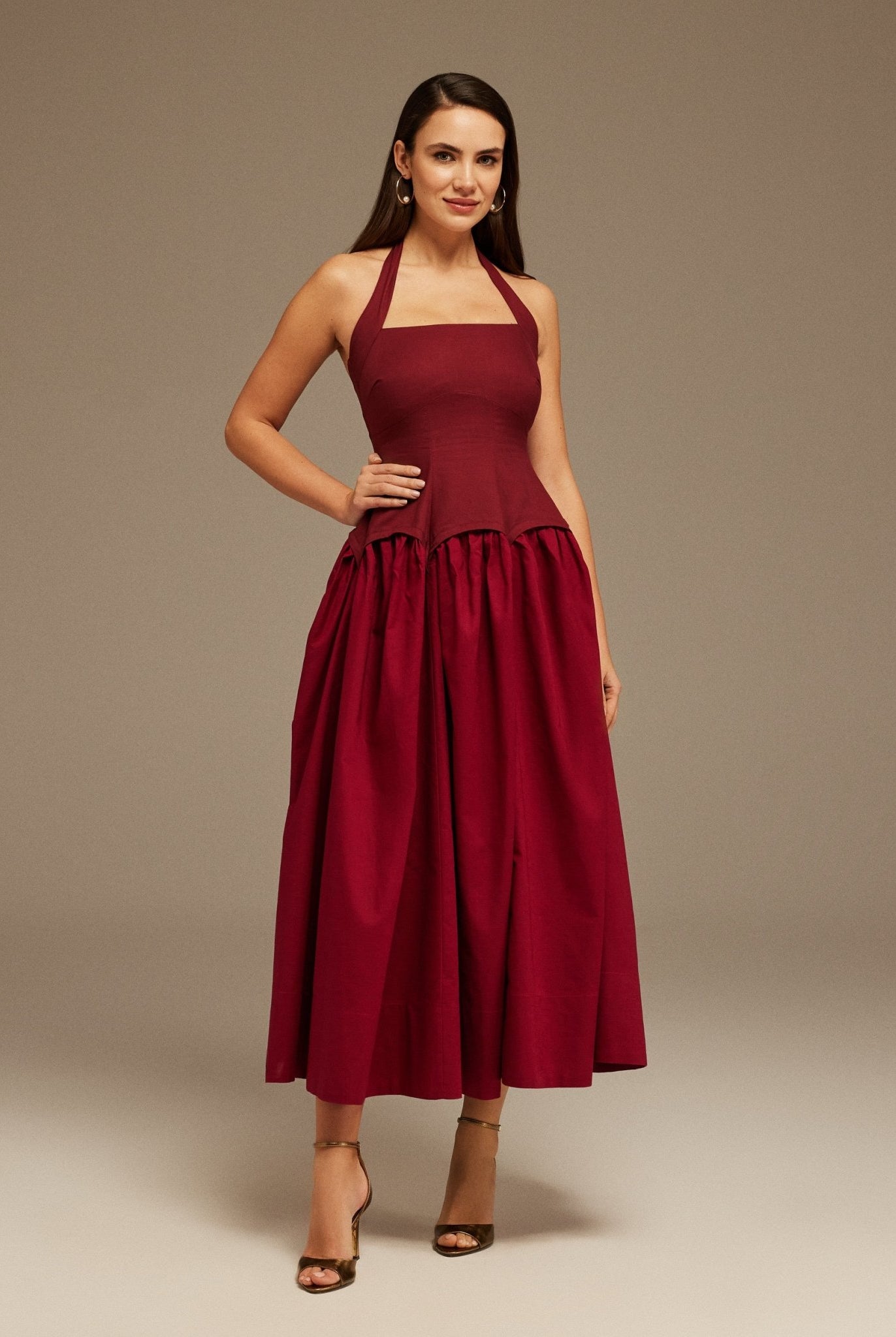 Halter Neck Midi Dress with Layered Puff Sleeves - shopaleena