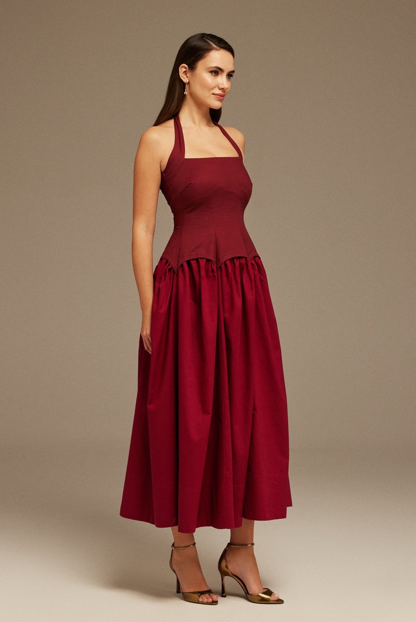 Halter Neck Midi Dress with Layered Puff Sleeves - shopaleena