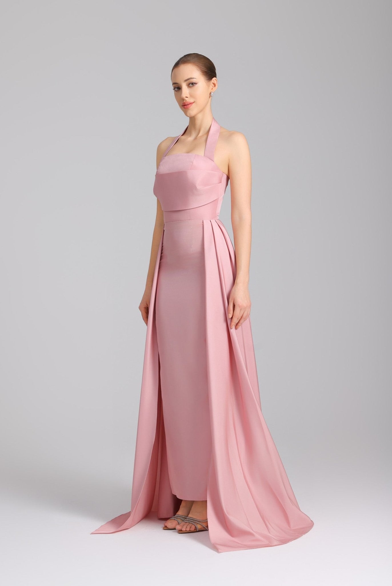 Halter Neck taffeta Maxi Dress Light Pink - shopaleena