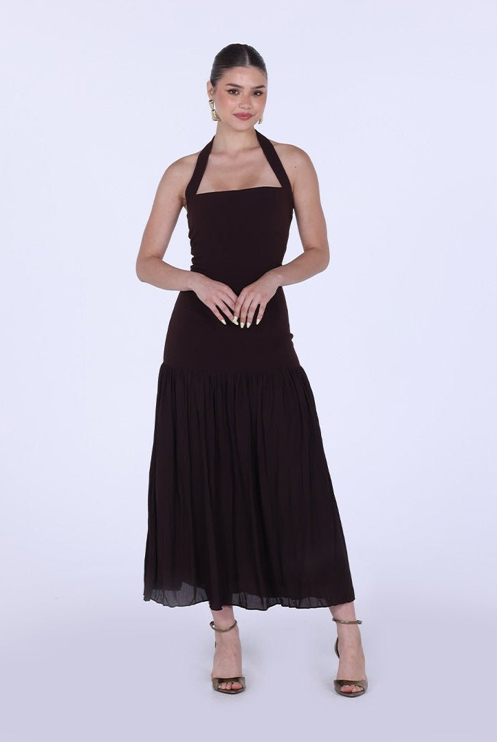 Halter Straps Midi Crepe Dress - shopaleena