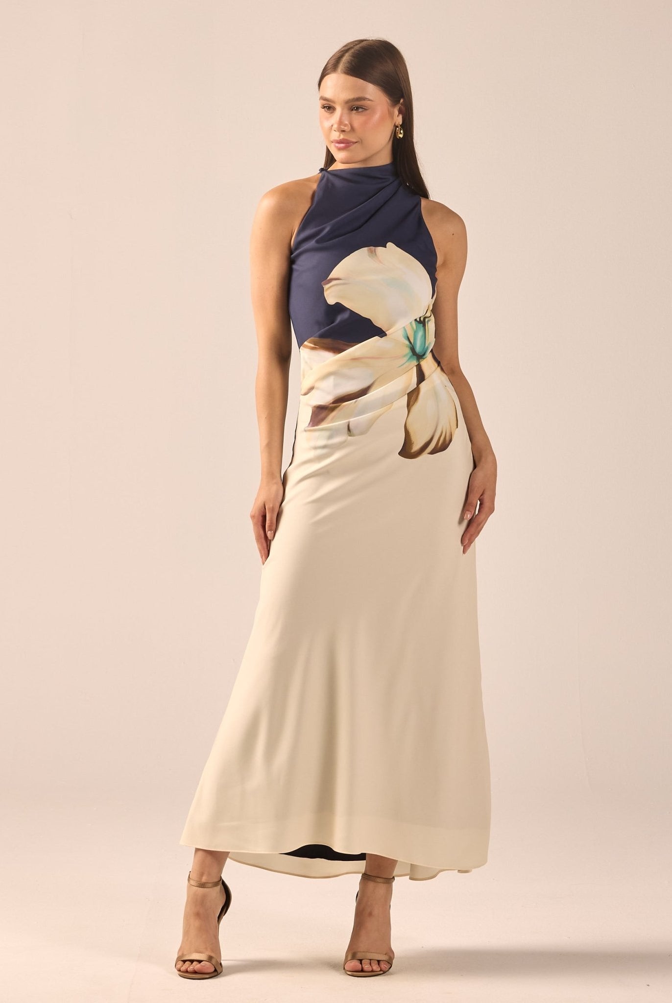 High Neck Floral Satin Maxi Dress - shopaleena