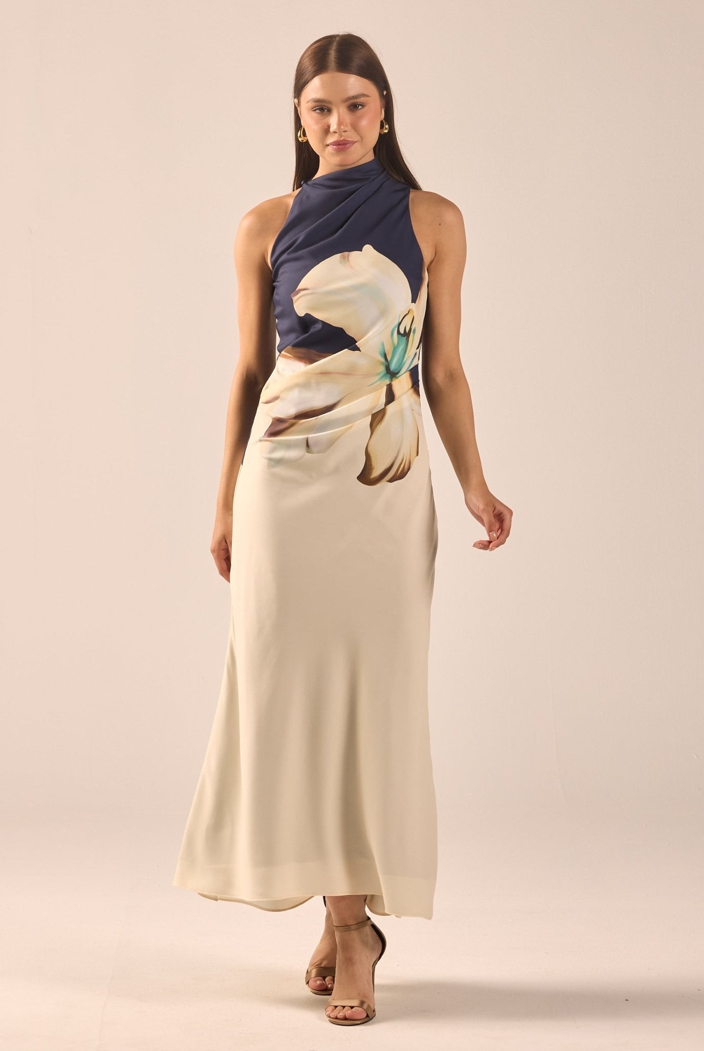 High Neck Floral Satin Maxi Dress - shopaleena