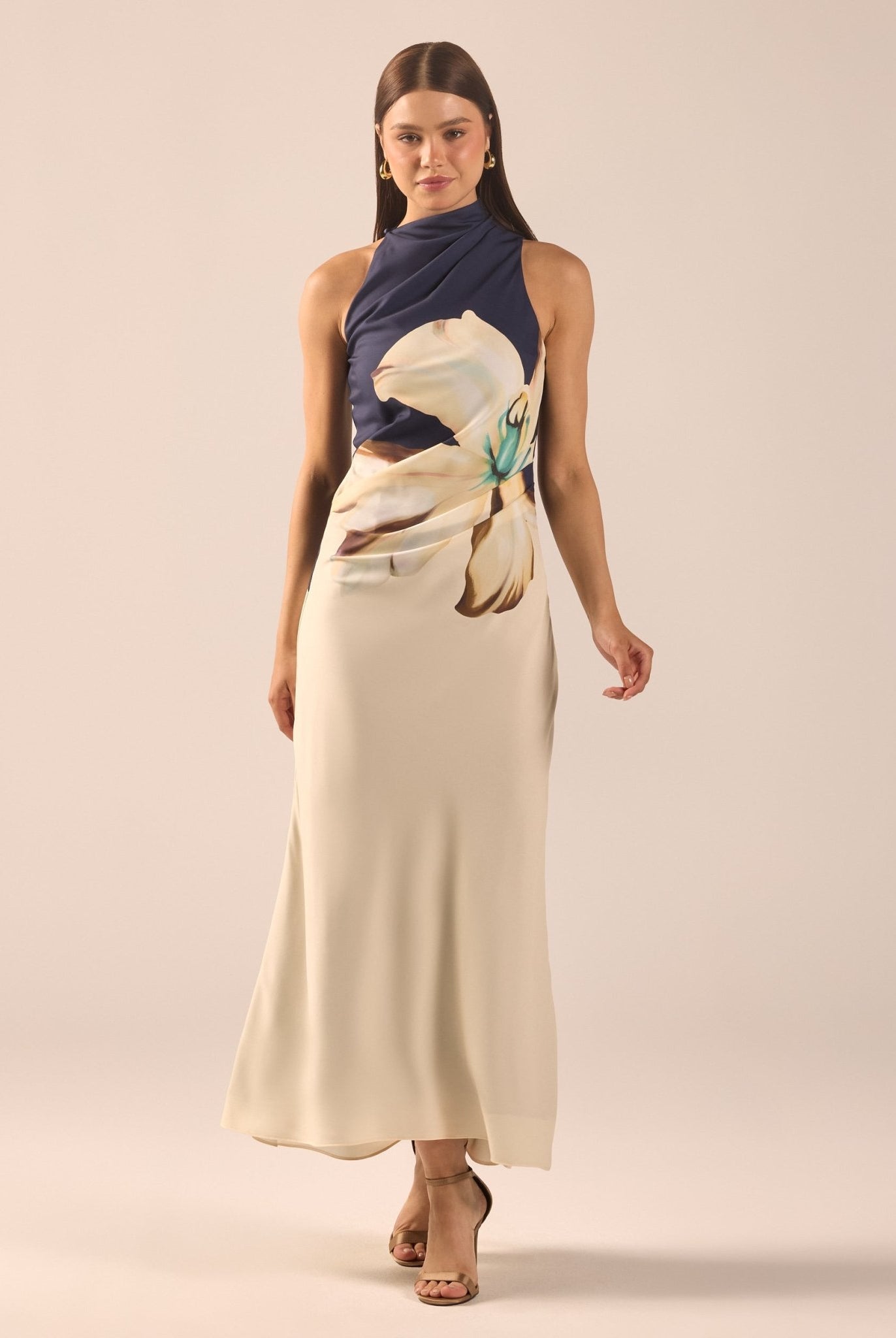High Neck Floral Satin Maxi Dress - shopaleena