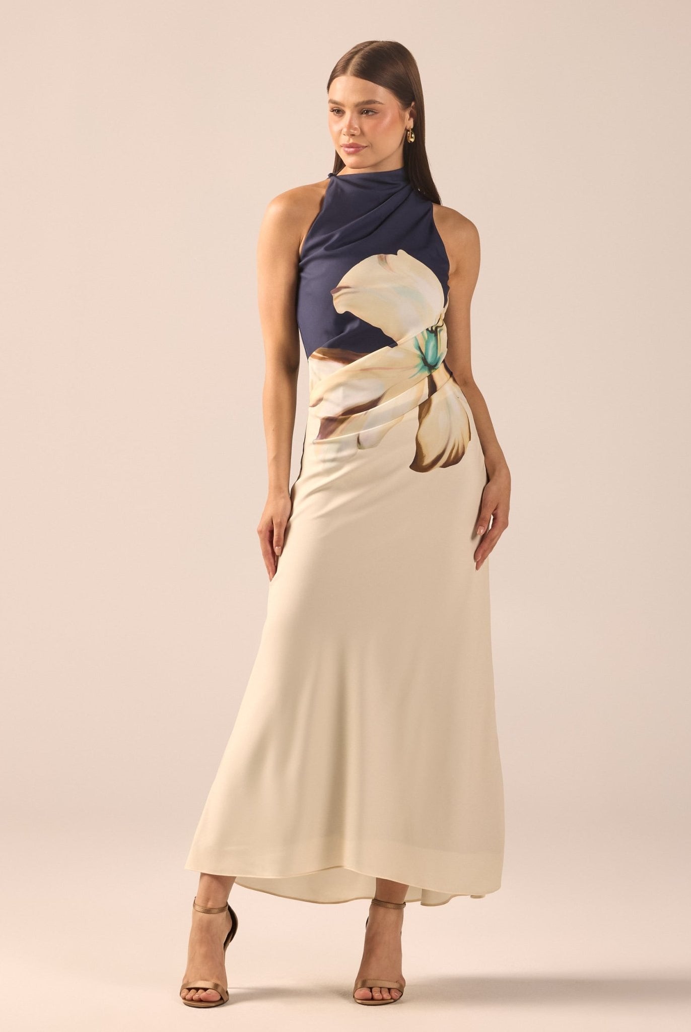 High Neck Floral Satin Maxi Dress - shopaleena
