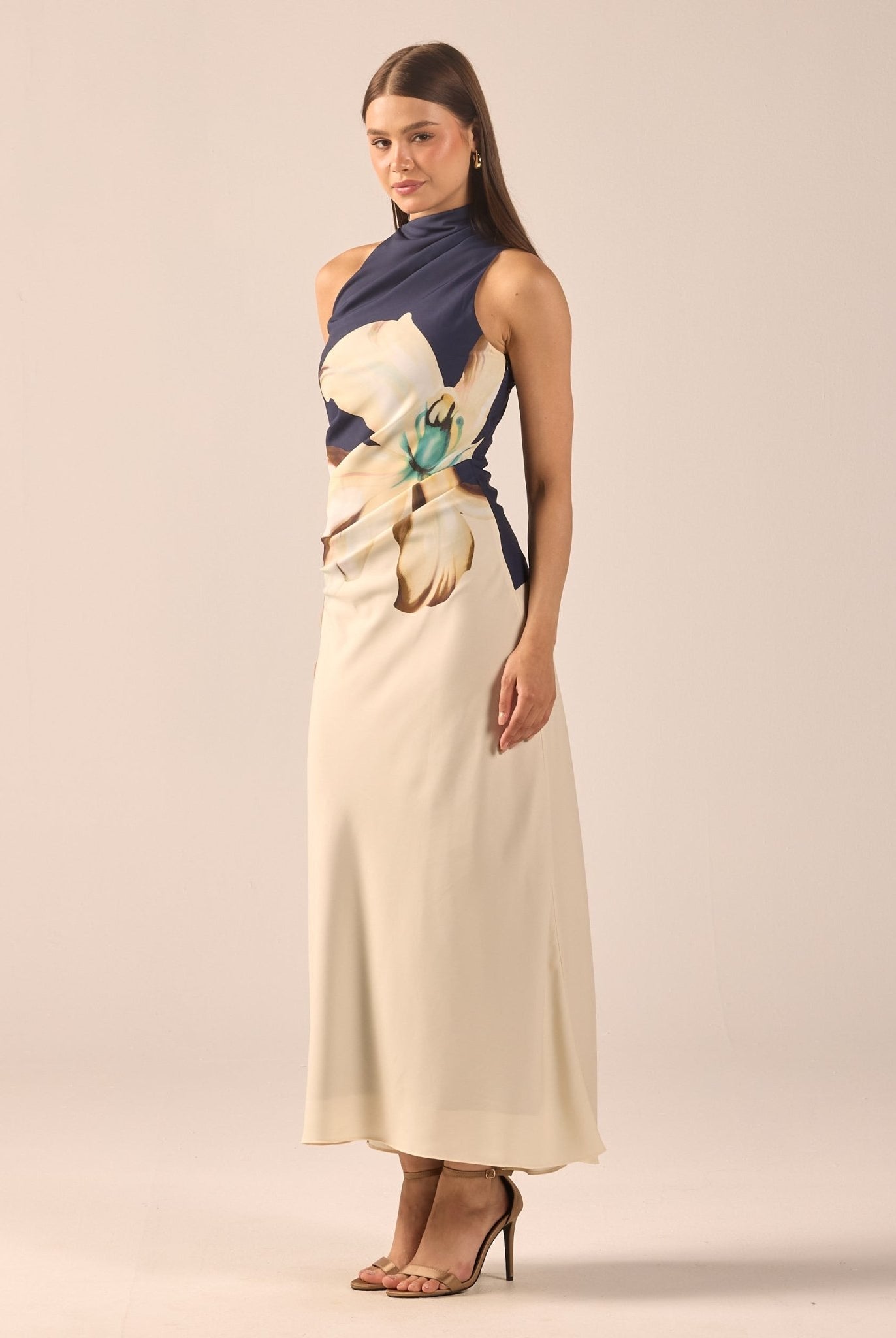High Neck Floral Satin Maxi Dress - shopaleena