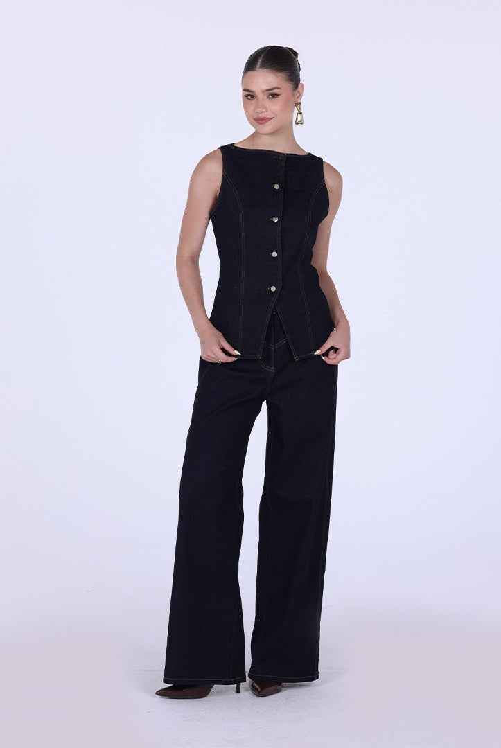 High Waist Wide Leg Denim Pants - shopaleena
