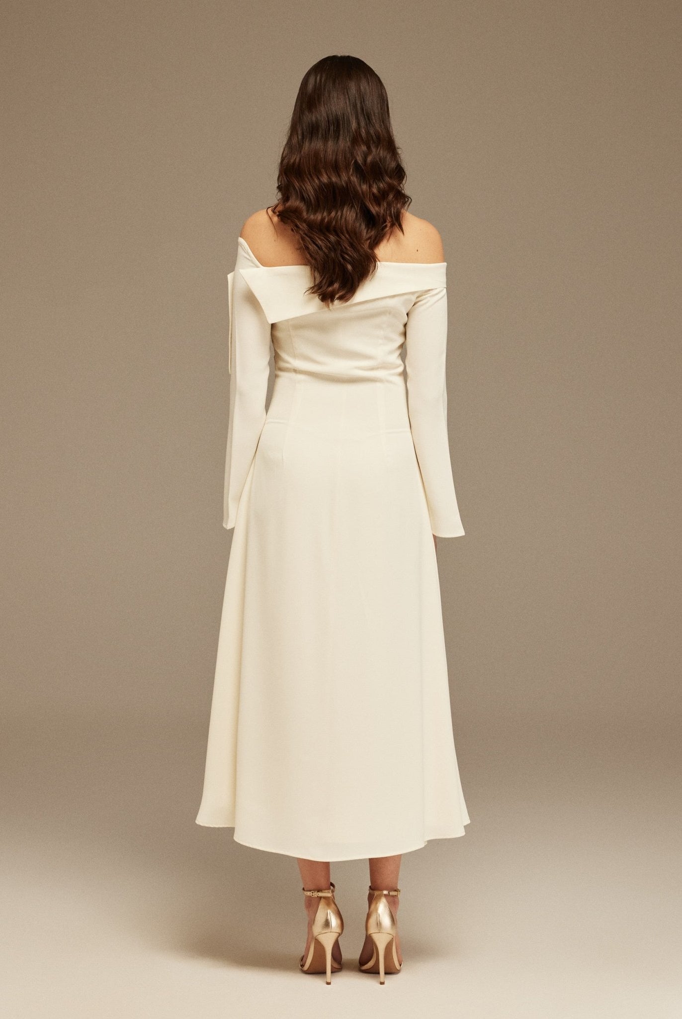 Ivory Asymmetric folded neckline A - line Midi Dress - shopaleena