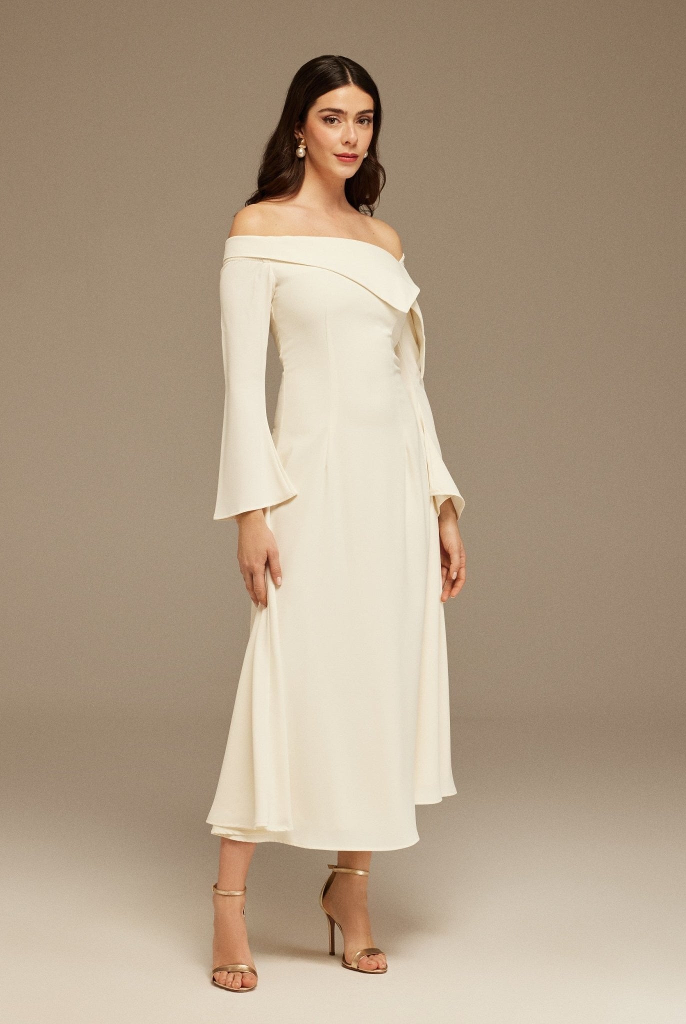 Ivory Asymmetric folded neckline A - line Midi Dress - shopaleena
