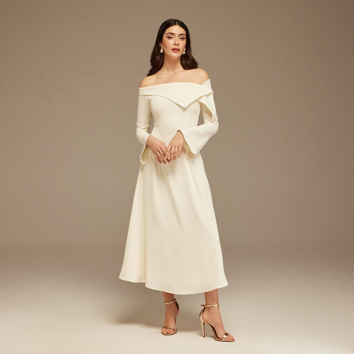 Crepe Ivory Asymmetric folded neckline A-line Midi Dress  shopaleena