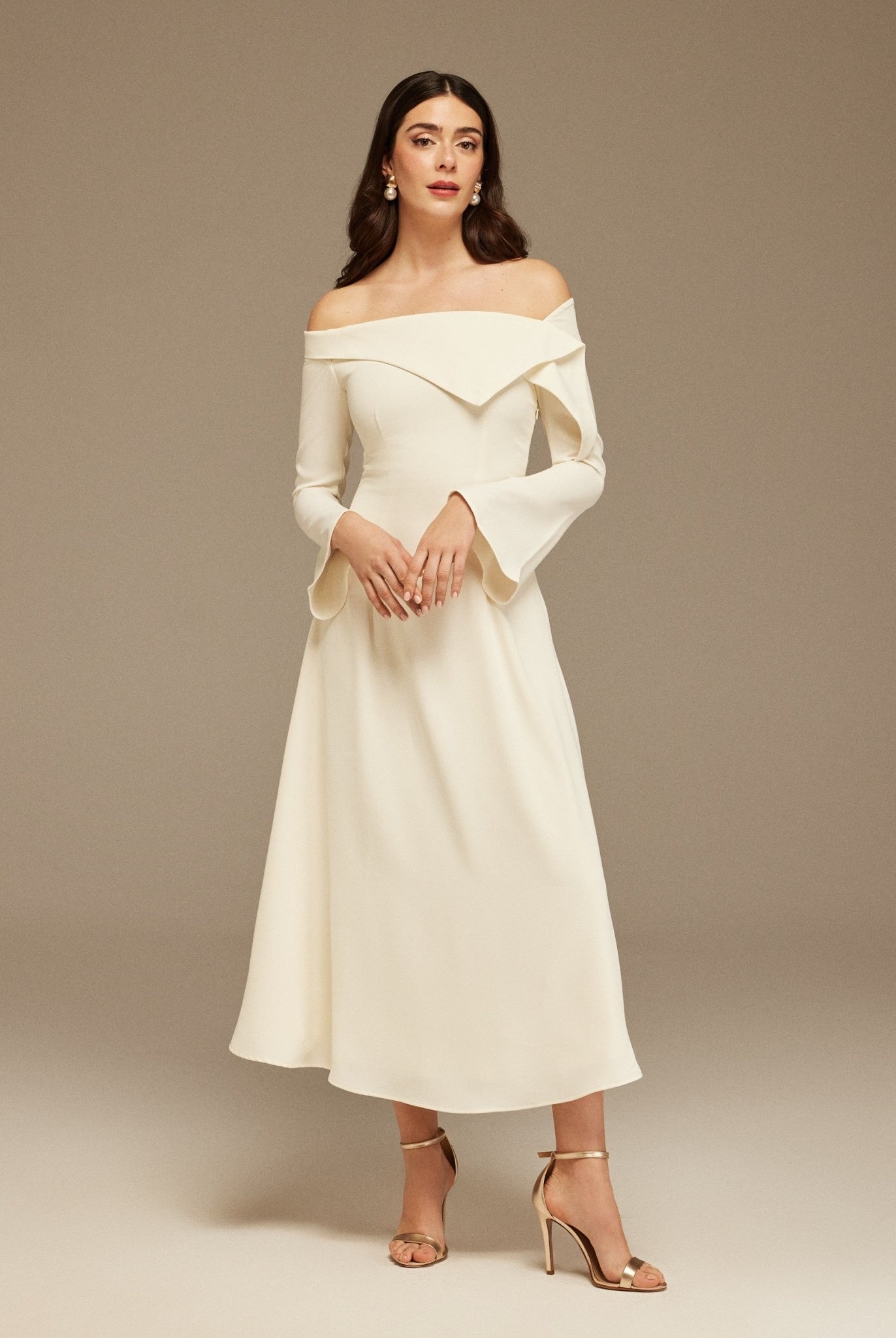 Ivory Asymmetric folded neckline A - line Midi Dress - shopaleena