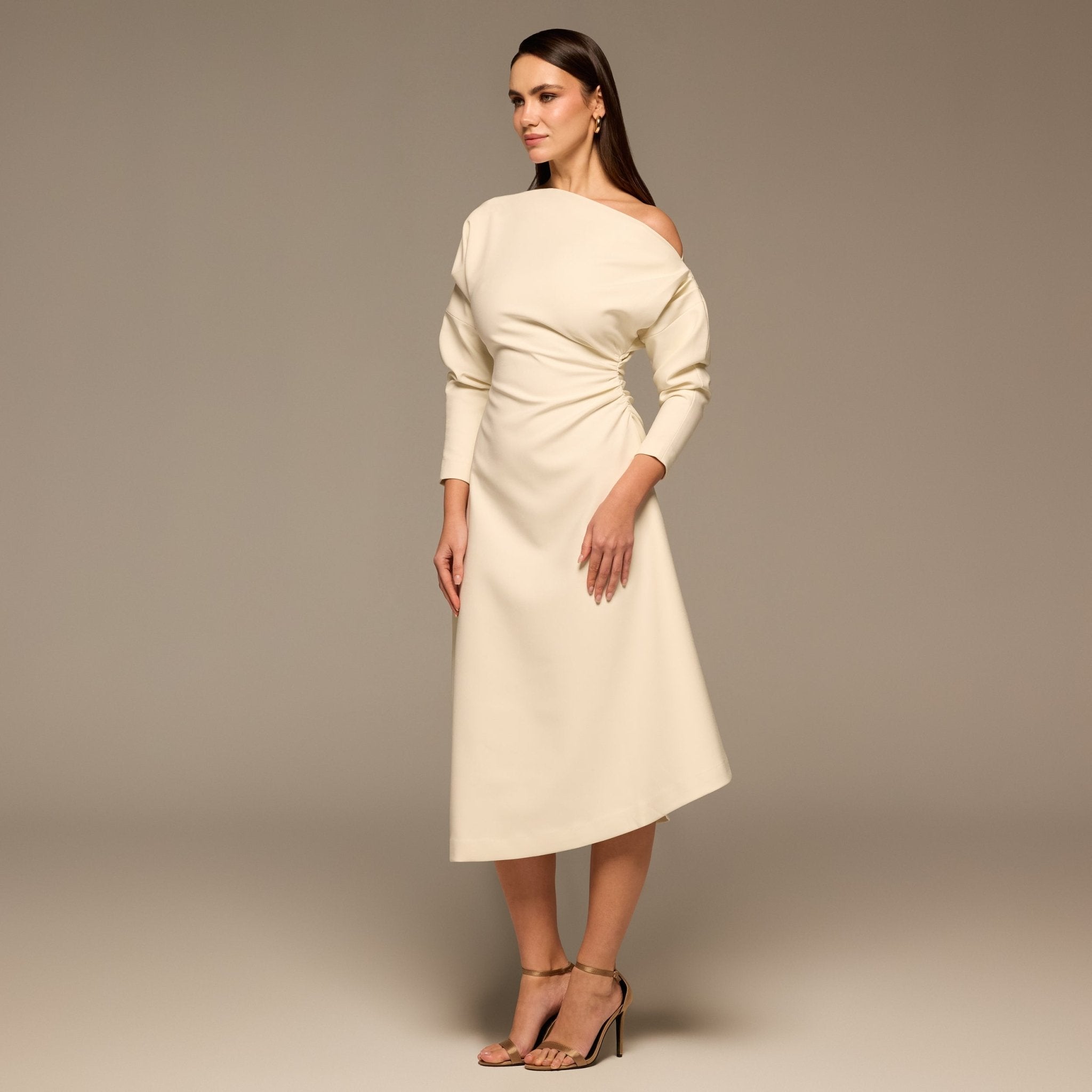 Ivory Asymmetric Off Shoulder Maxi Dress - shopaleena