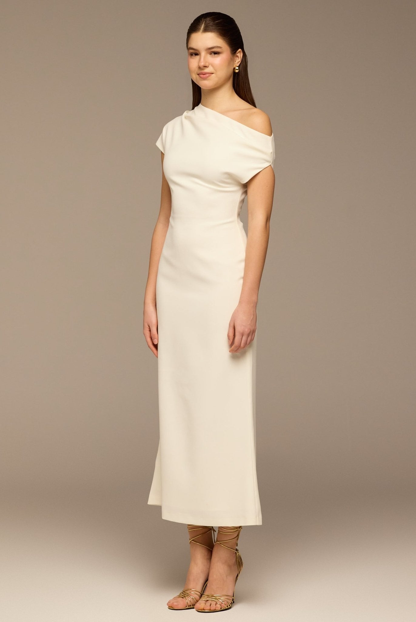 Ivory Asymmetric Sleeve Crepe Dress - shopaleena