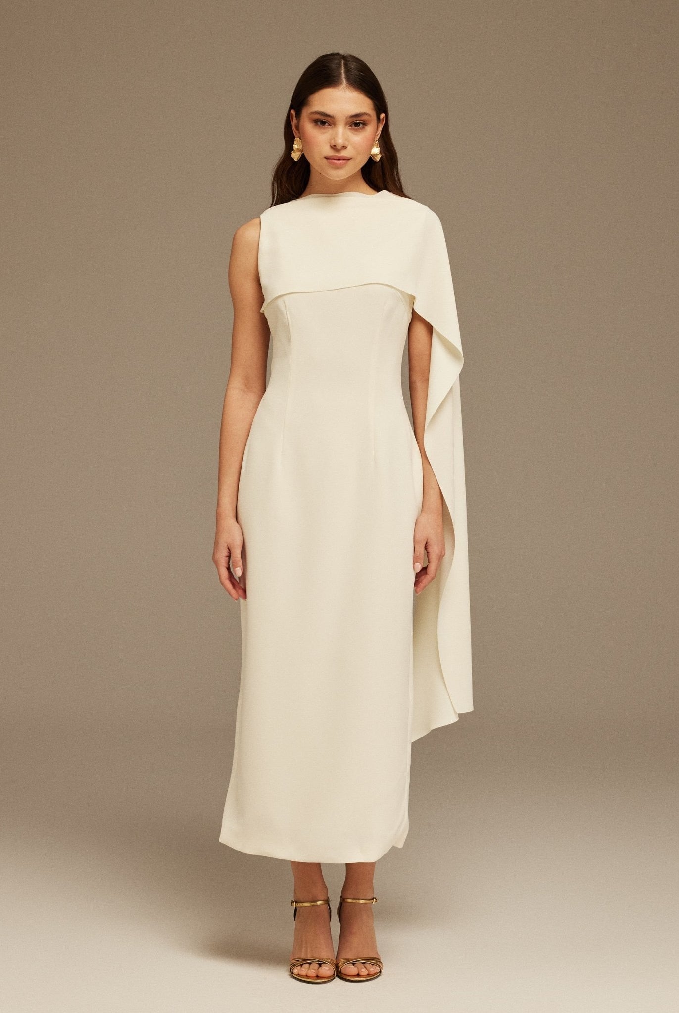 Ivory Asymmetrical Back Draped Maxi Dress - shopaleena