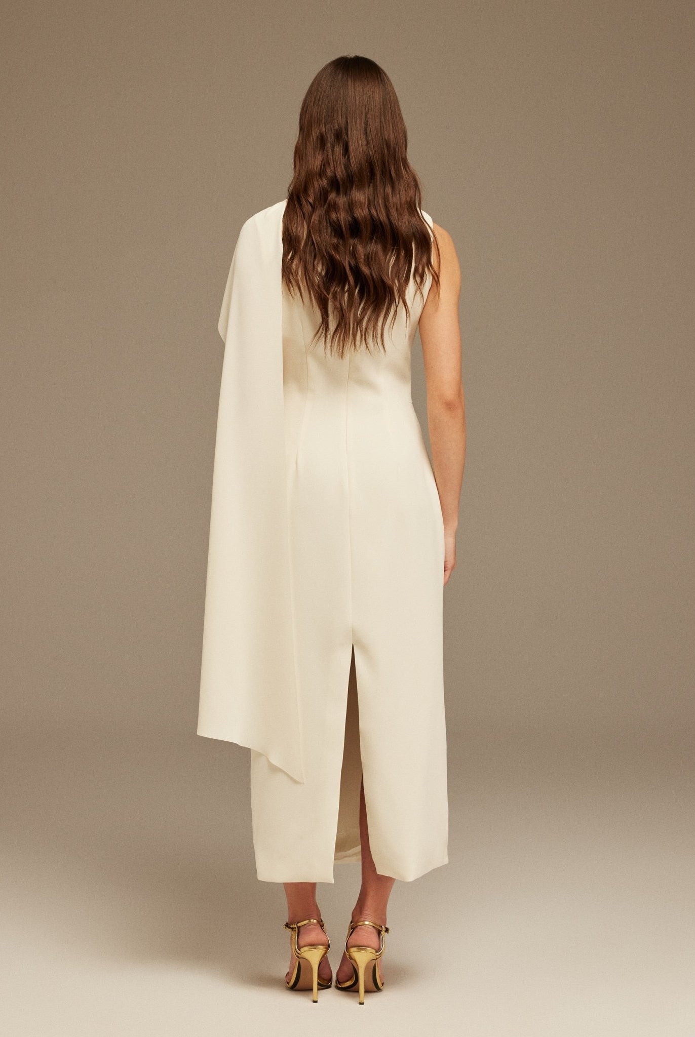 Ivory Asymmetrical Back Draped Maxi Dress - shopaleena