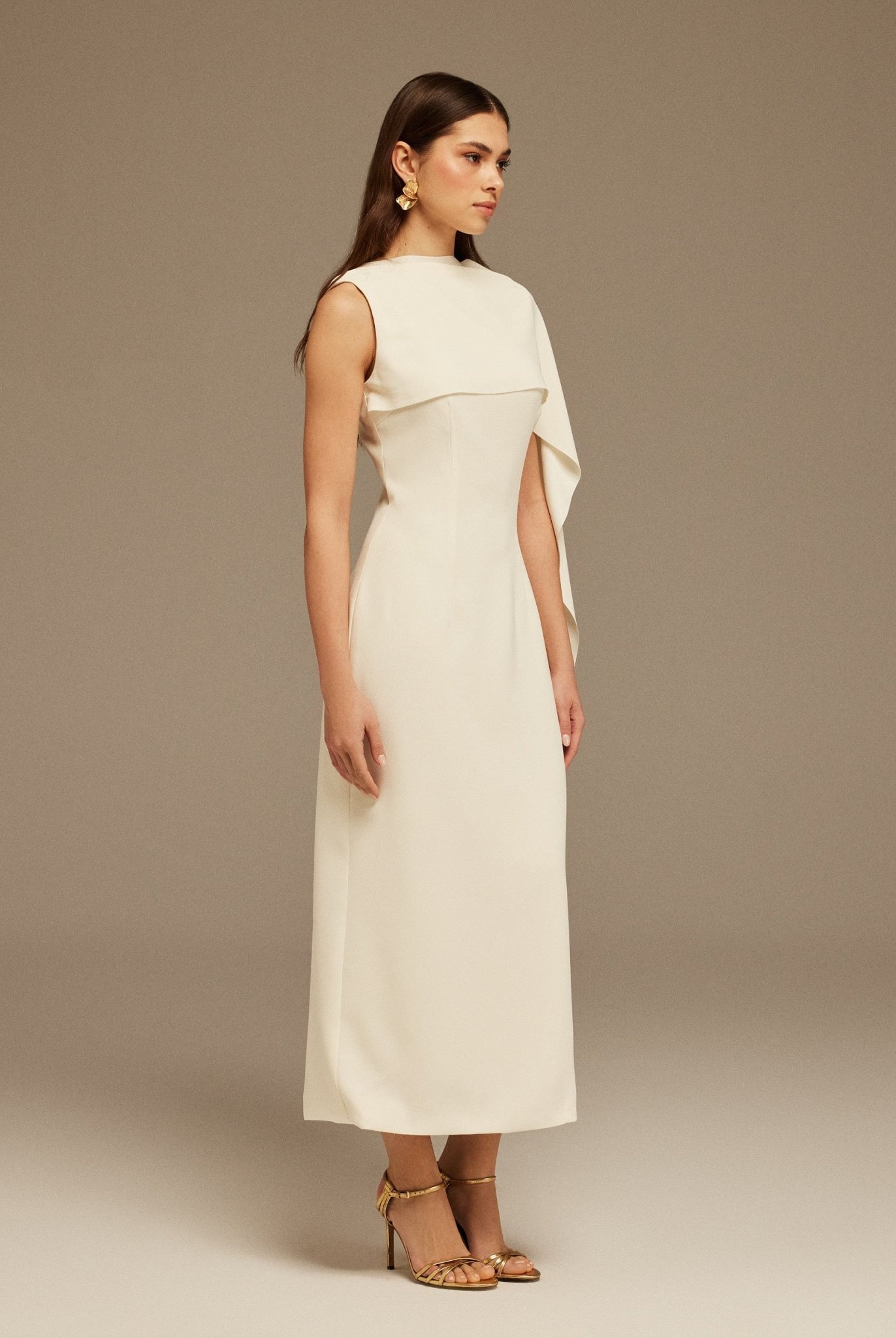 Ivory Asymmetrical Back Draped Maxi Dress - shopaleena
