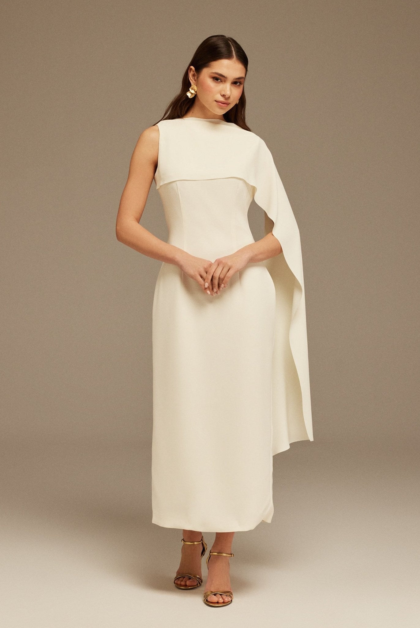Ivory Asymmetrical Back Draped Maxi Dress - shopaleena