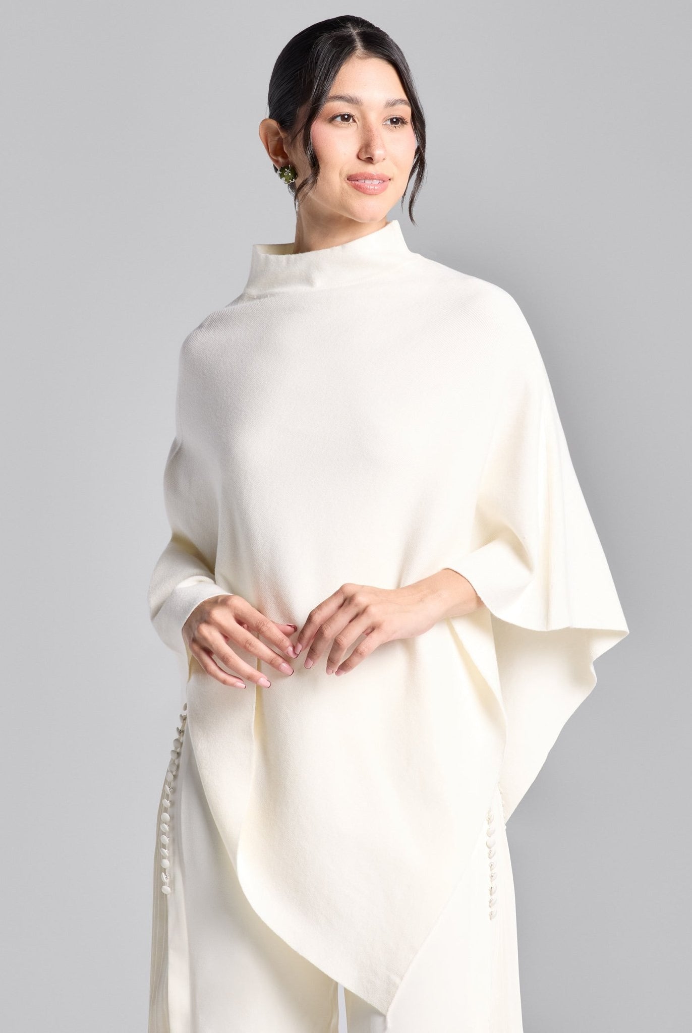 Ivory Asymmetrical Hem Knit Cape - shopaleena