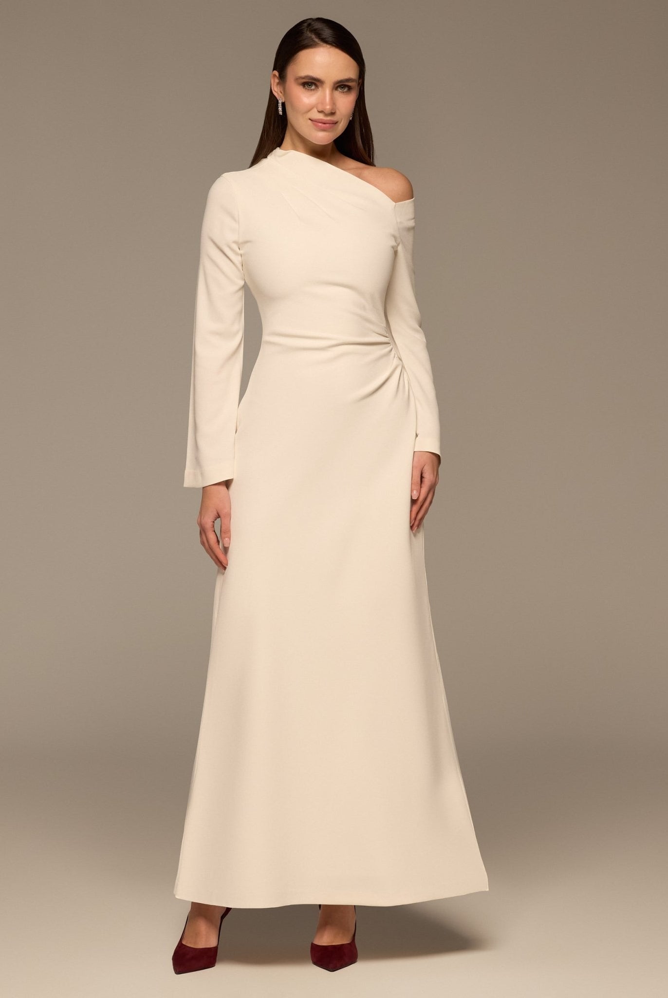 Ivory Bare shoulder Crepe Maxi Dress - shopaleena