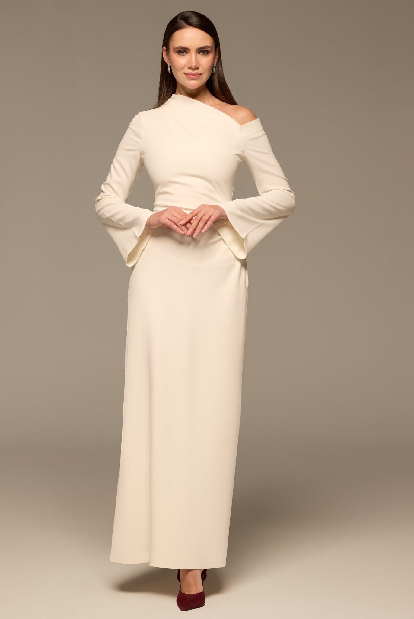 Ivory Bare shoulder Crepe Maxi Dress - shopaleena