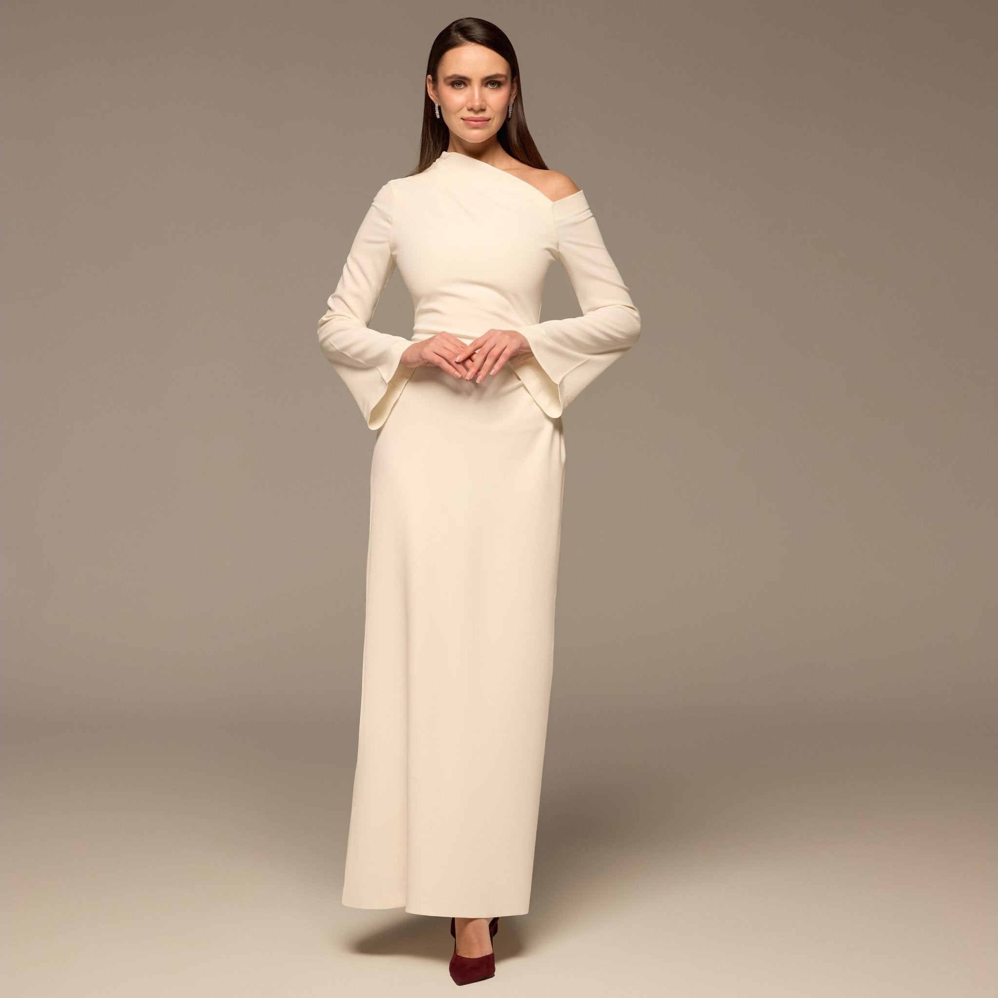 Ivory Bare shoulder Crepe Maxi Dress - shopaleena