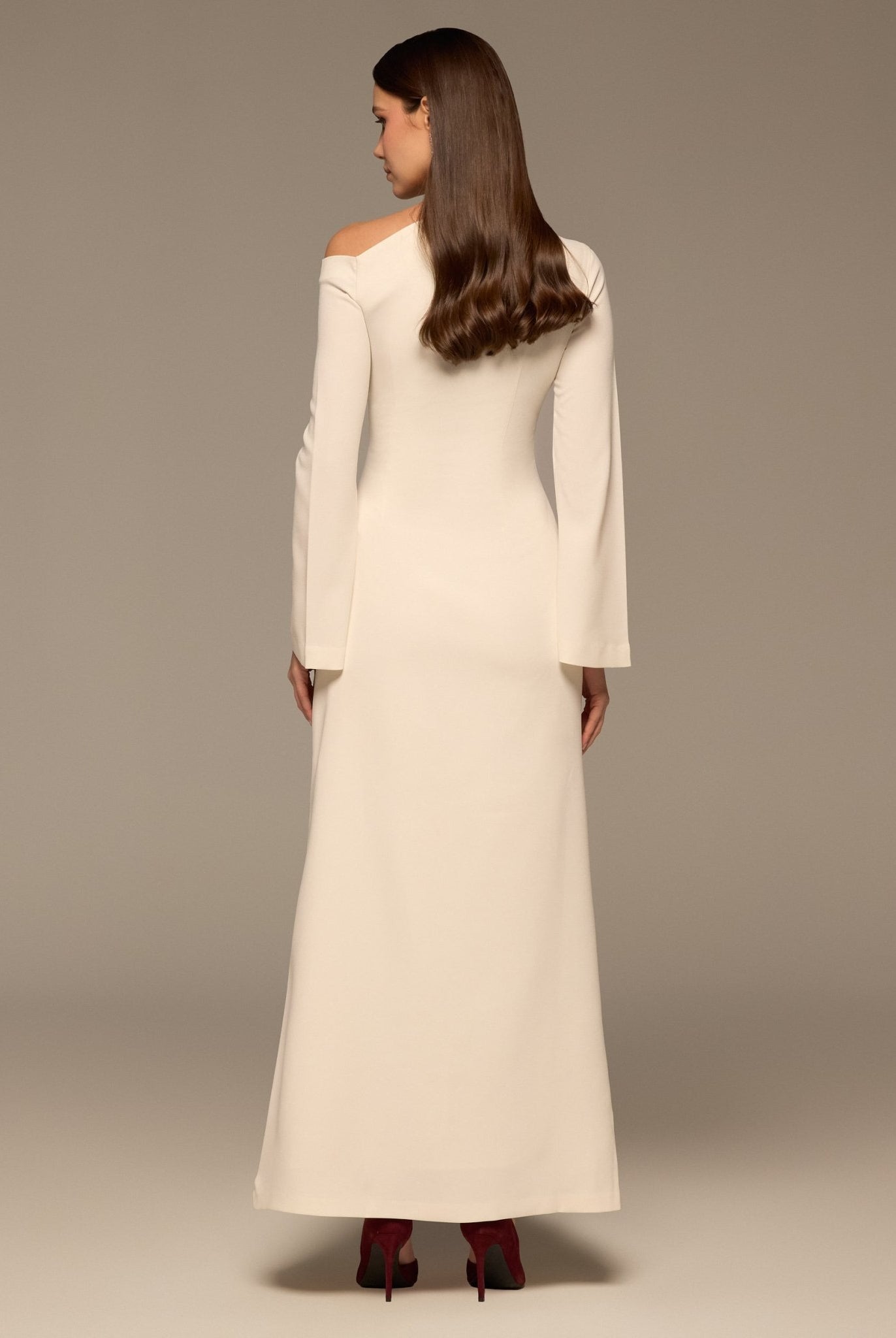 Ivory Bare shoulder Crepe Maxi Dress - shopaleena