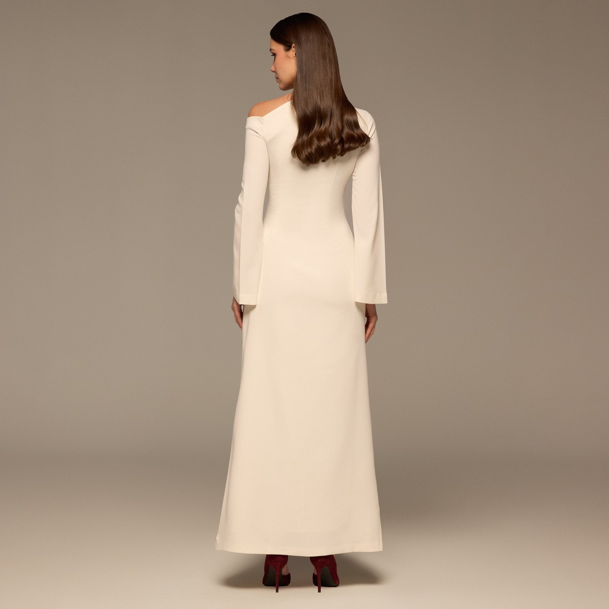 Ivory Bare shoulder Crepe Maxi Dress - shopaleena