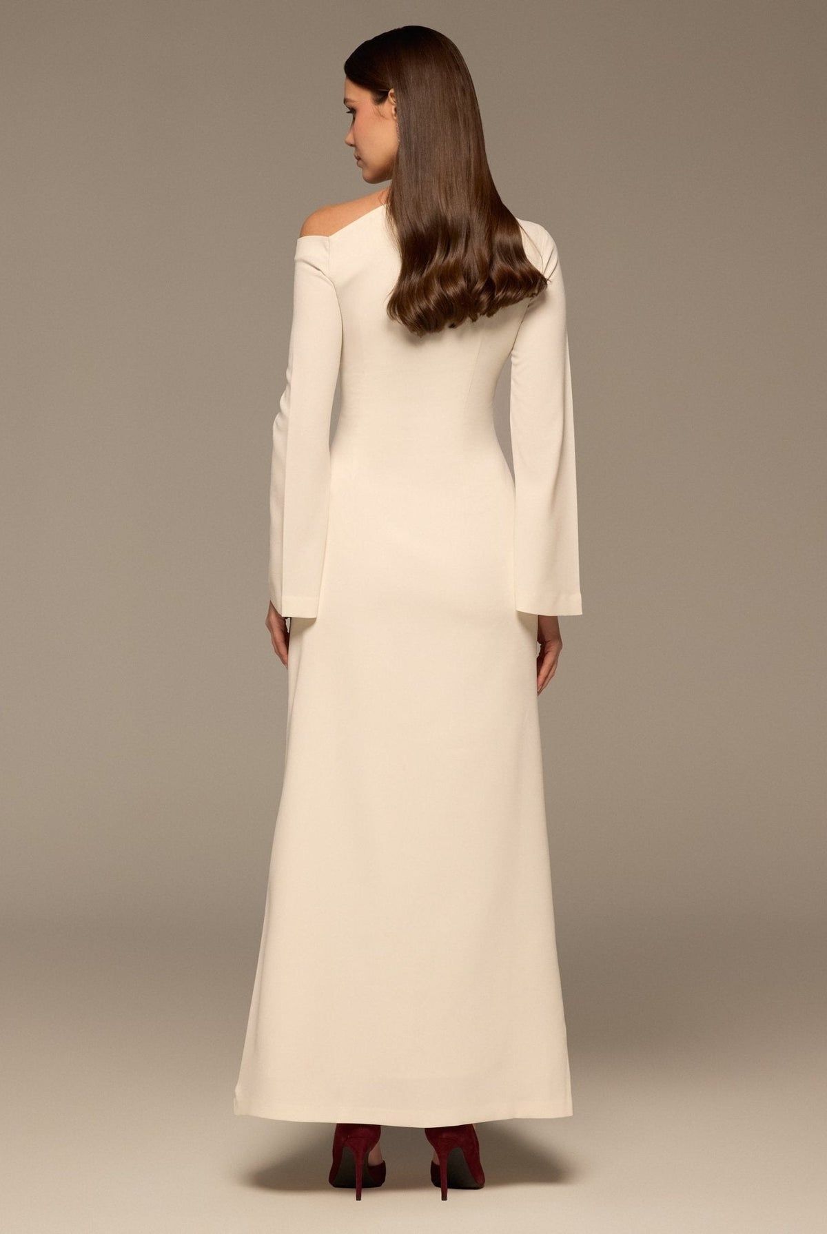Ivory Bare shoulder Crepe Maxi Dress - shopaleena