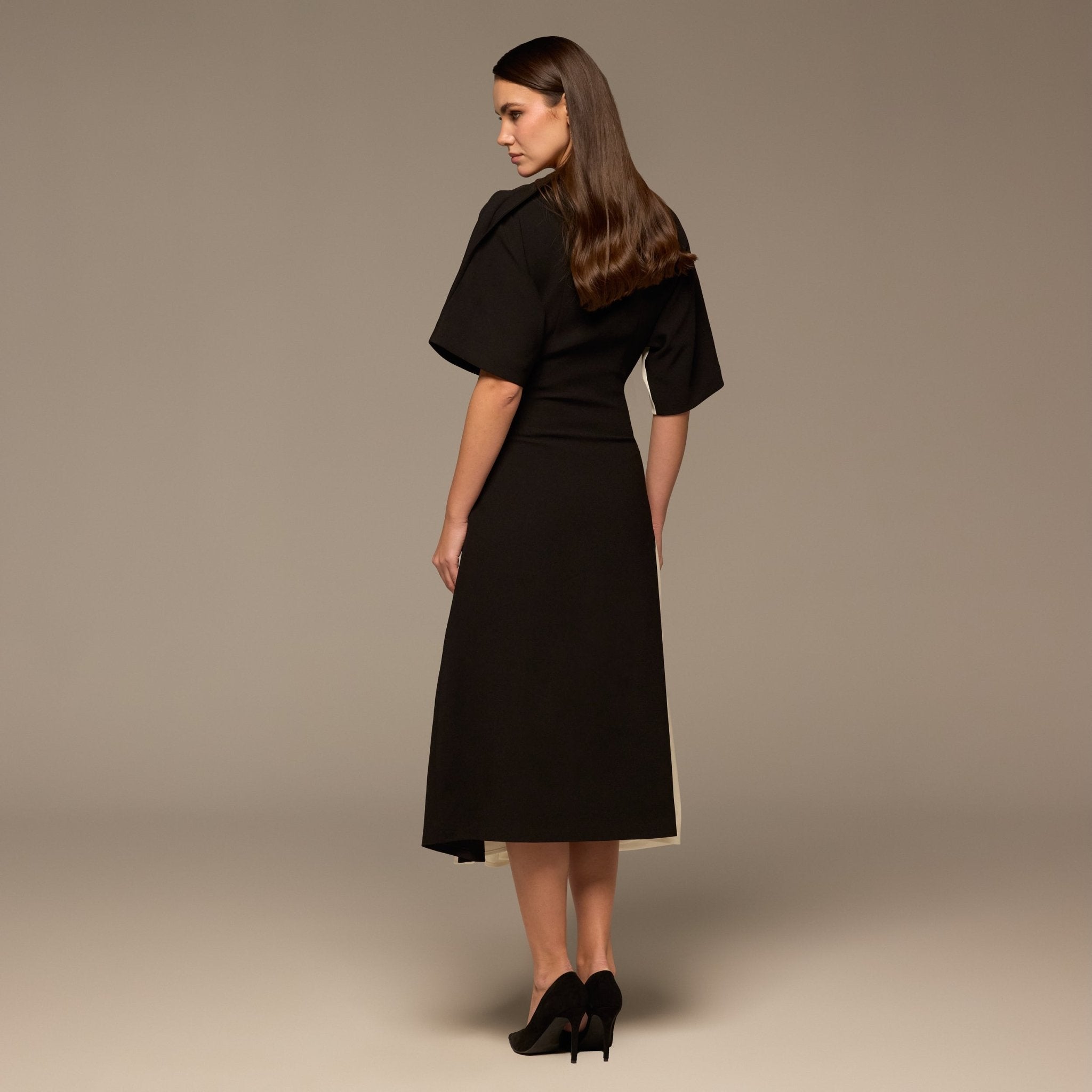 Ivory & Black Asymmetric Crepe Dress - shopaleena