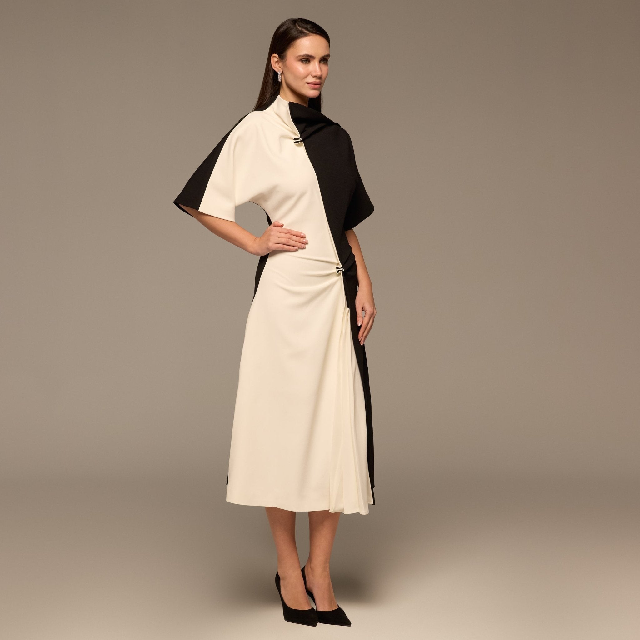 Ivory & Black Asymmetric Crepe Dress - shopaleena