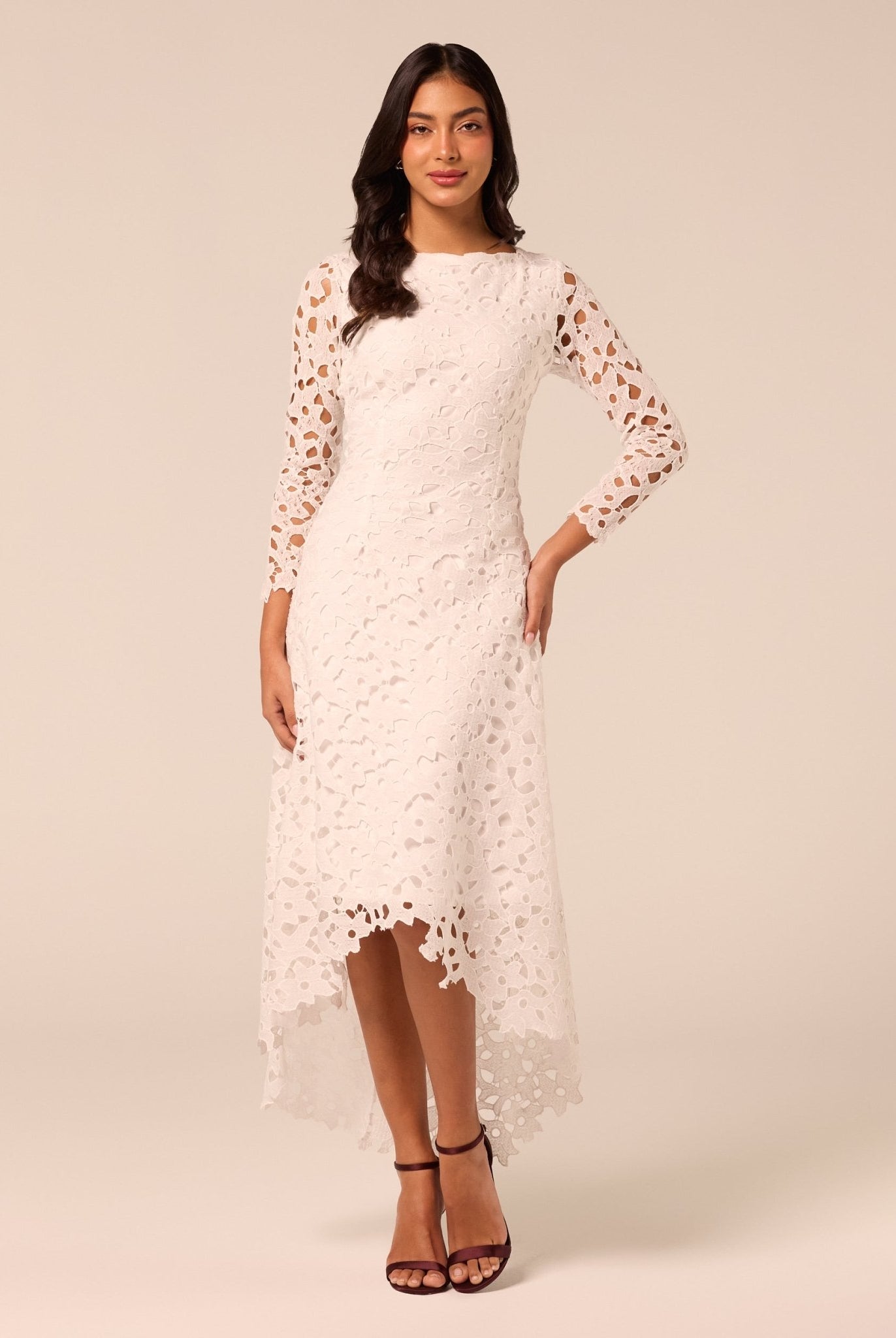 Ivory Boat Neck A Line Lace Midi Dress - shopaleena