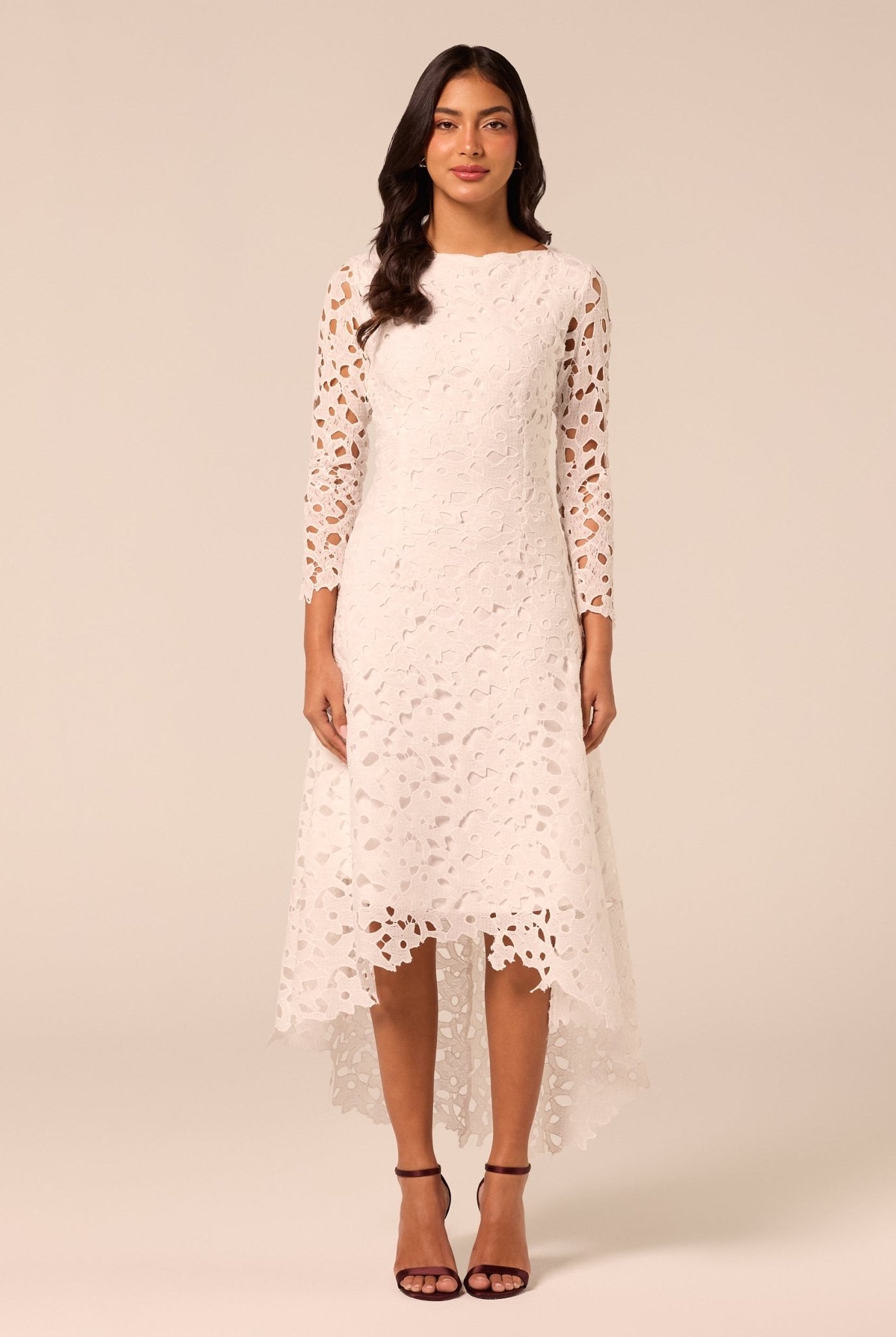 Ivory Boat Neck A Line Lace Midi Dress - shopaleena