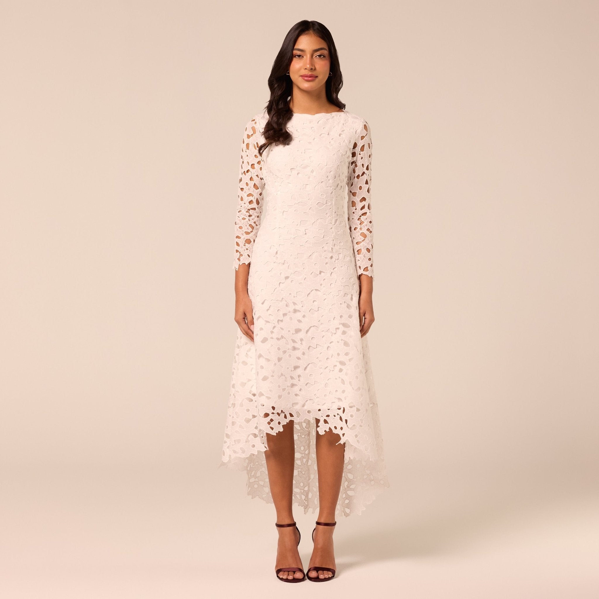 Ivory Boat Neck A Line Lace Midi Dress - shopaleena