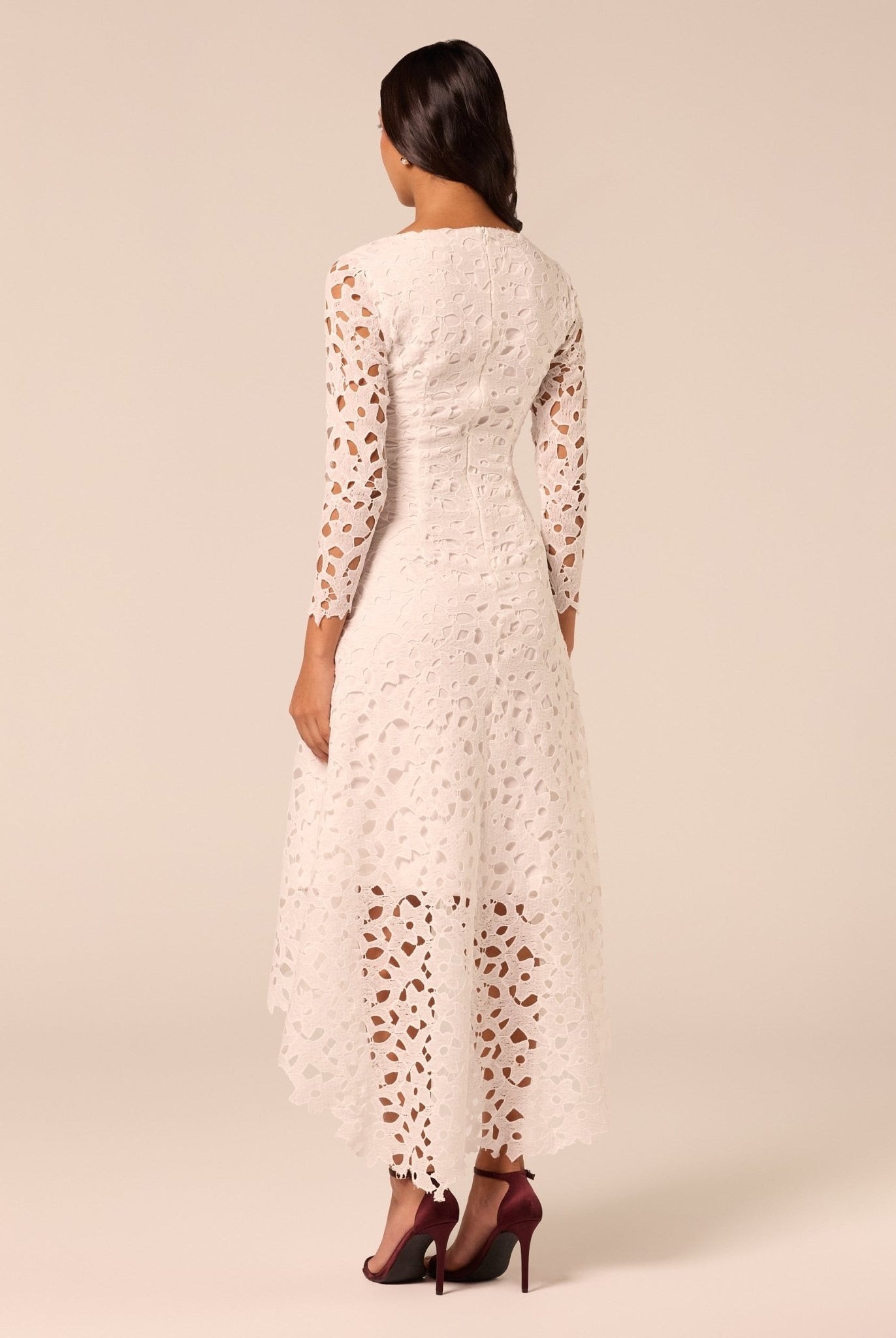 Ivory Boat Neck A Line Lace Midi Dress - shopaleena