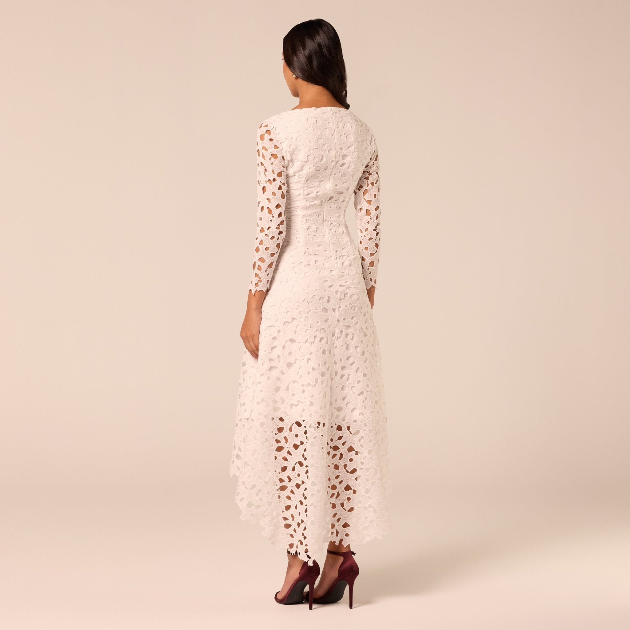 Ivory Boat Neck A Line Lace Midi Dress - shopaleena