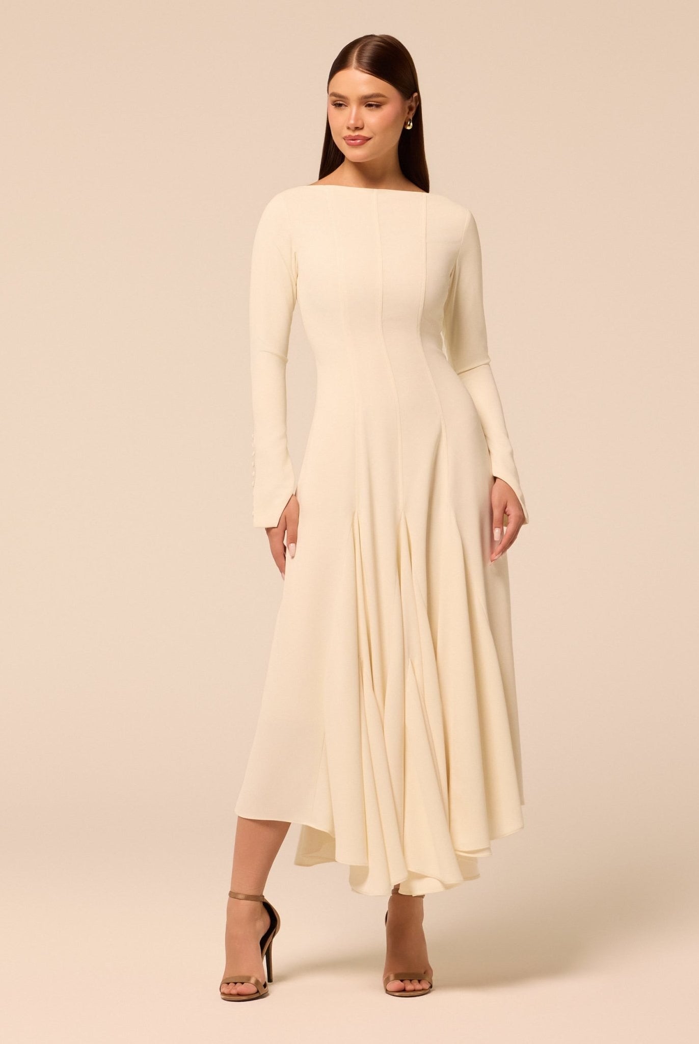 Ivory Boat Neck Long Sleeve Crepe Dress - shopaleena