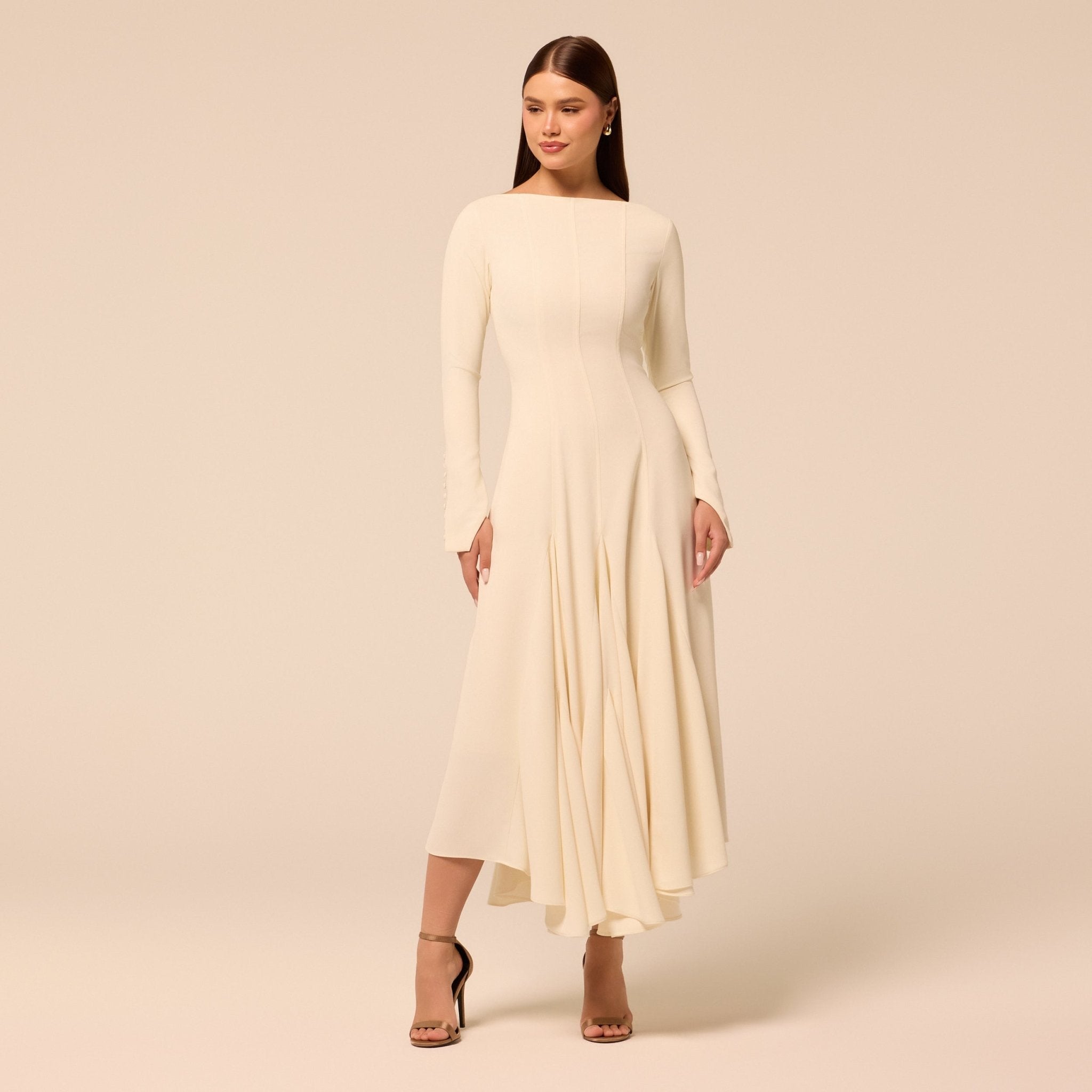 Ivory Boat Neck Long Sleeve Crepe Dress - shopaleena