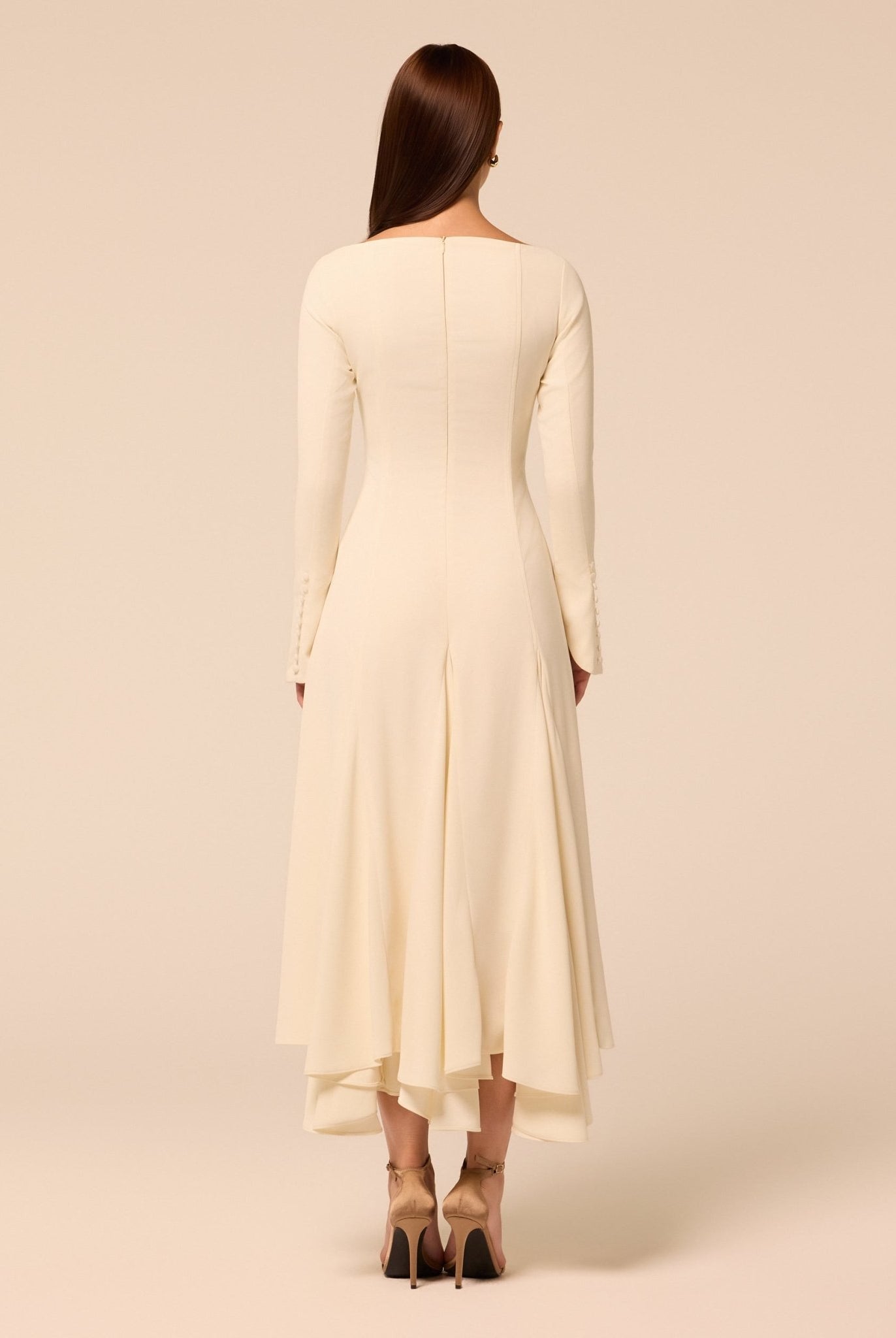 Ivory Boat Neck Long Sleeve Crepe Dress - shopaleena