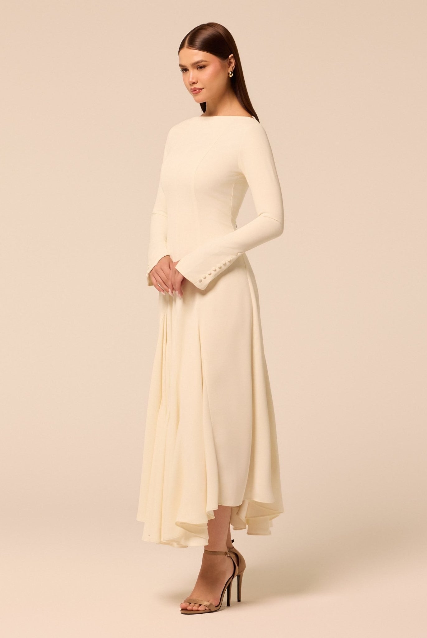 Ivory Boat Neck Long Sleeve Crepe Dress - shopaleena