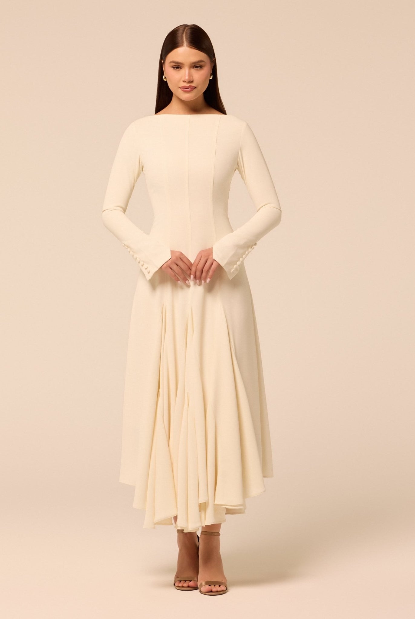 Ivory Boat Neck Long Sleeve Crepe Dress - shopaleena