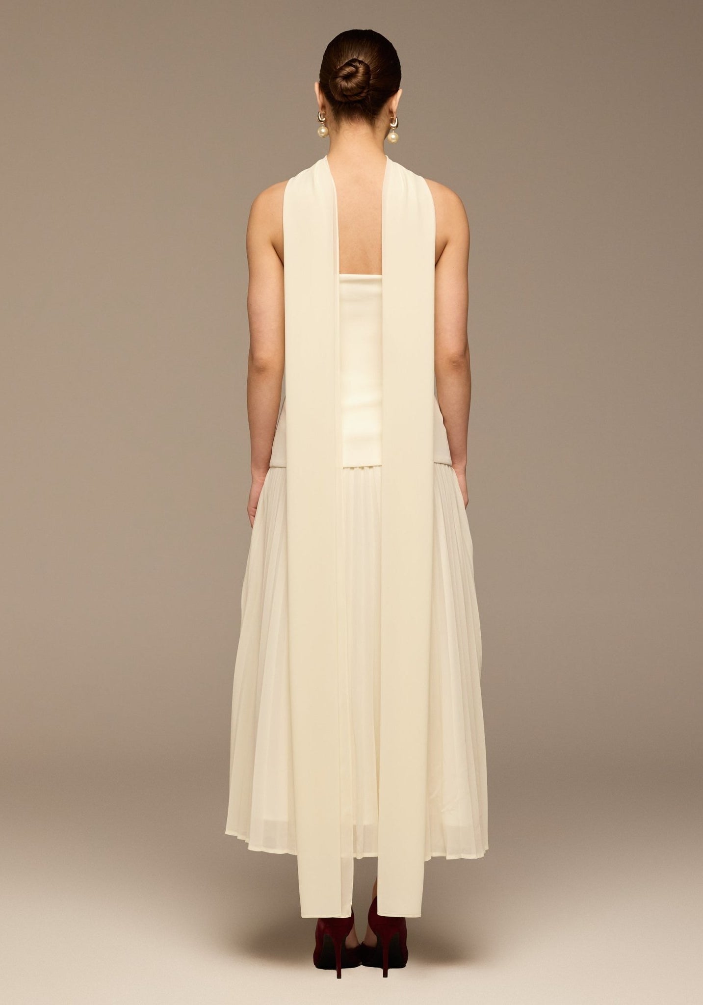 Ivory Crepe and Chiffon Pleated Dress with Scarf - shopaleena