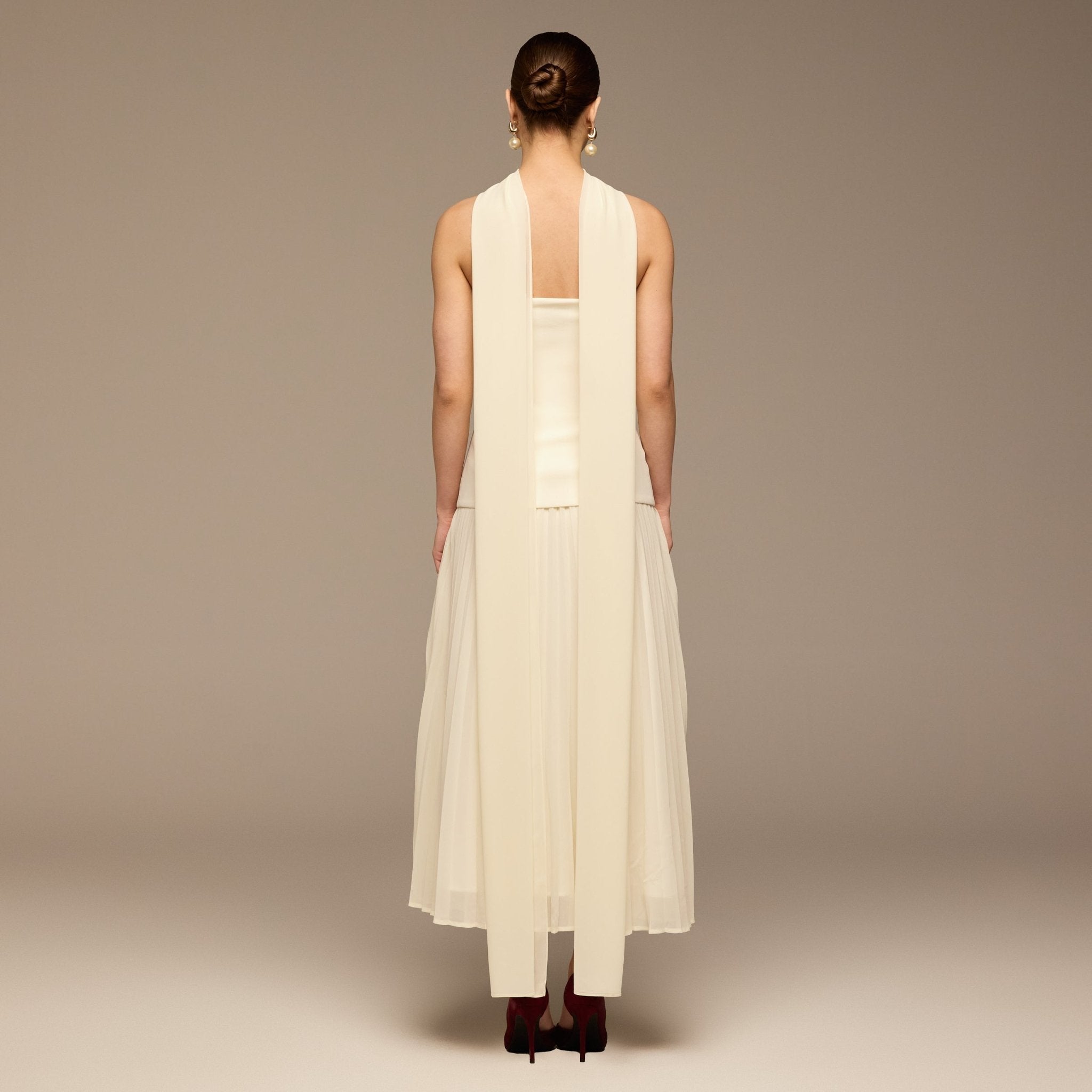 Ivory Crepe and Chiffon Pleated Dress with Scarf - shopaleena
