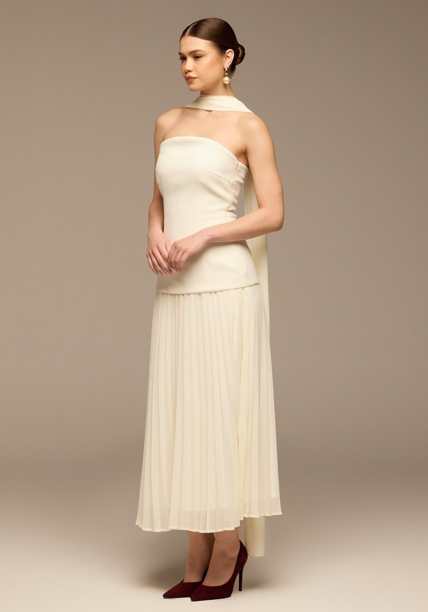 Ivory Crepe and Chiffon Pleated Dress with Scarf - shopaleena