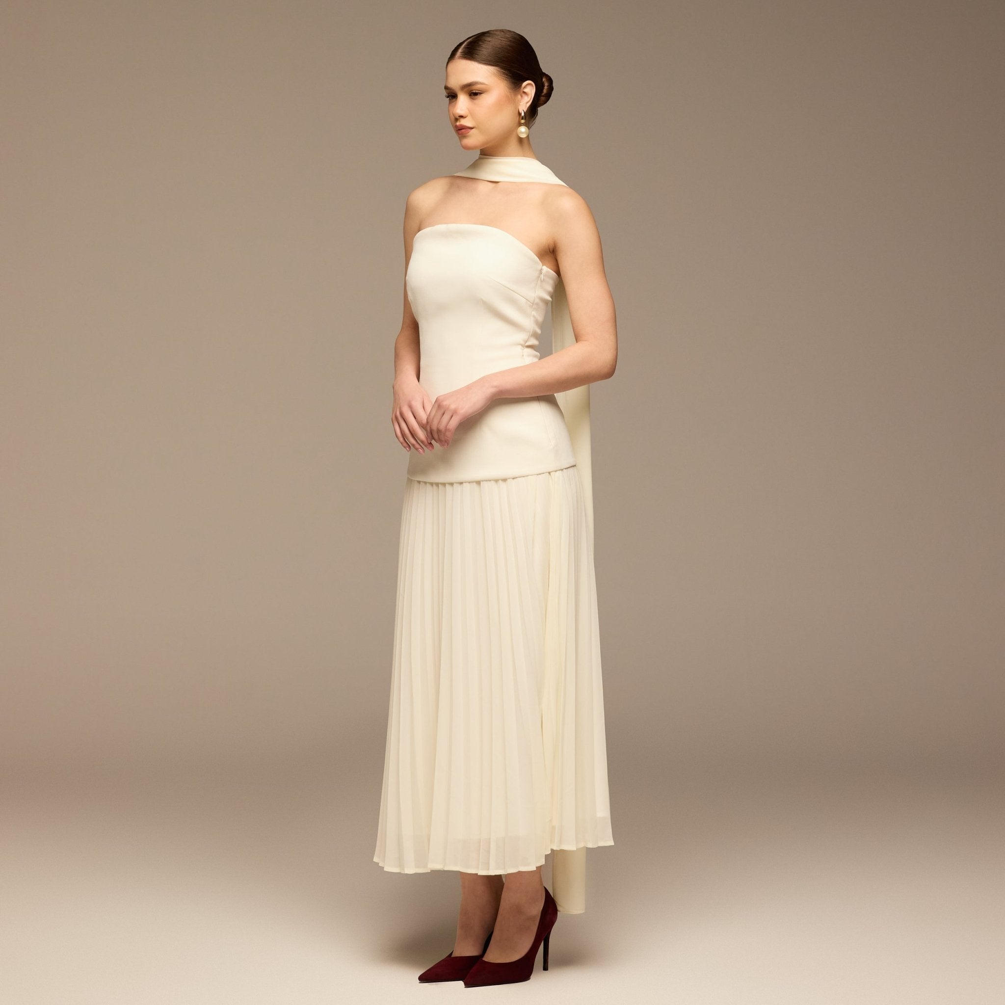 Ivory Crepe and Chiffon Pleated Dress with Scarf - shopaleena