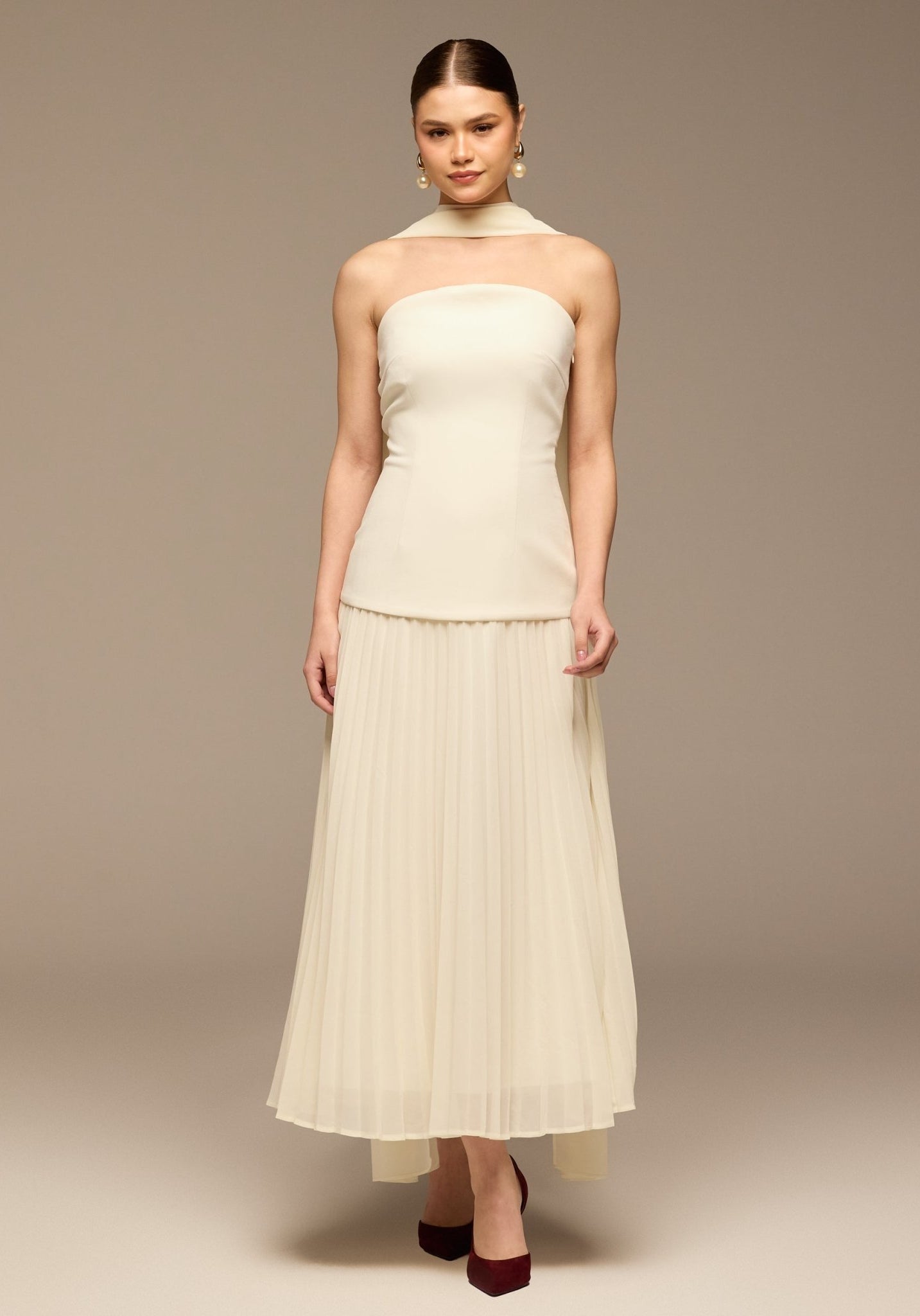 Ivory Crepe and Chiffon Pleated Dress with Scarf - shopaleena