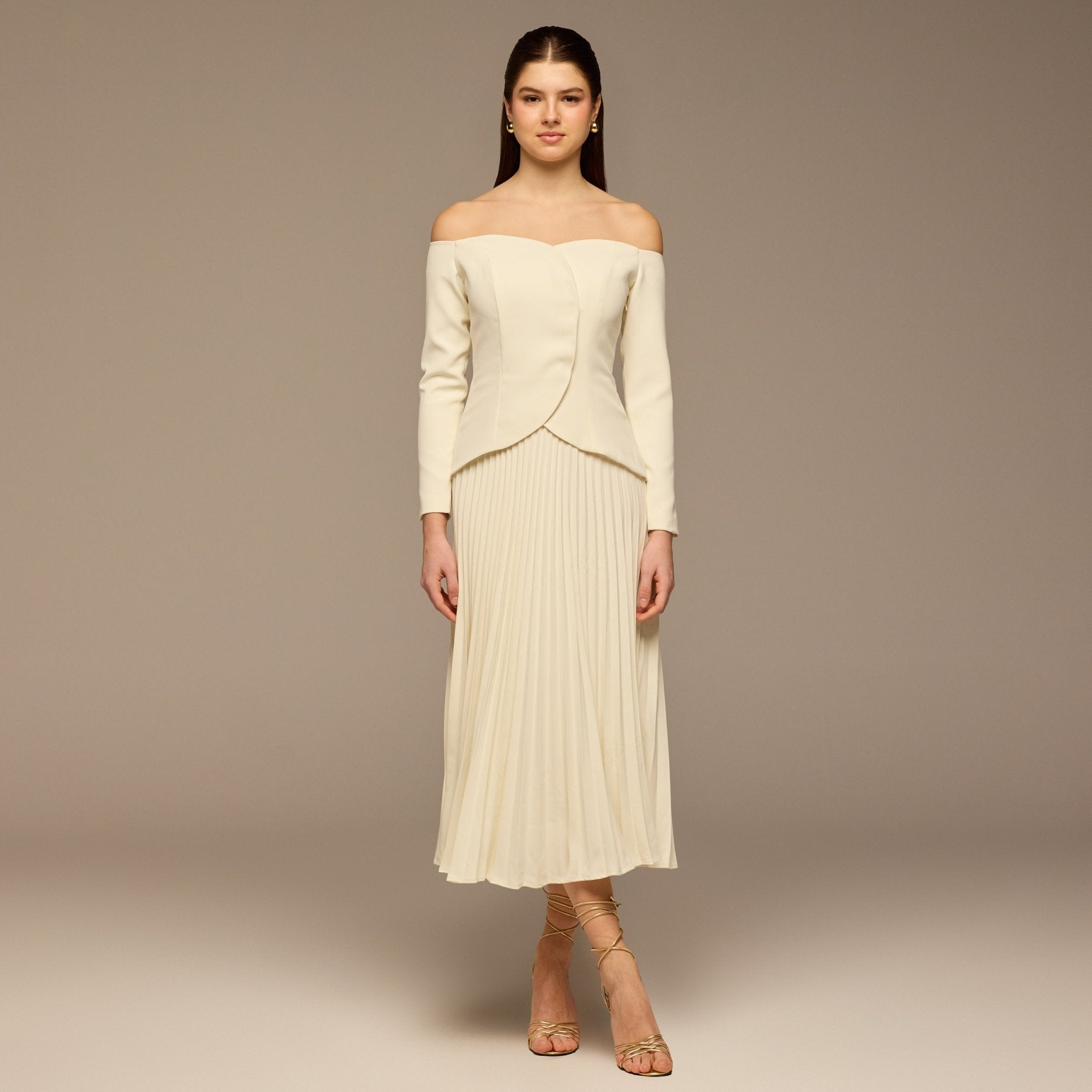 Ivory Crepe & Chiffon Pleated Maxi Dress - shopaleena