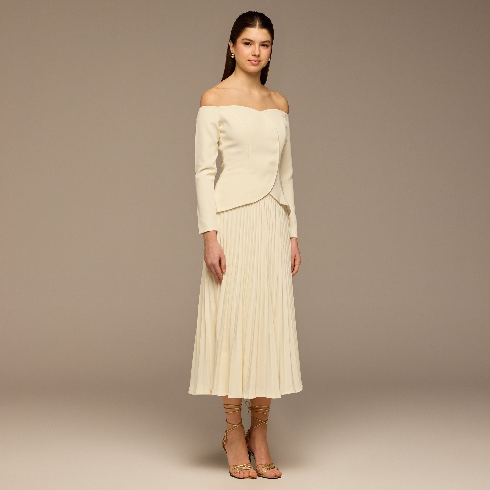 Ivory Crepe & Chiffon Pleated Maxi Dress - shopaleena