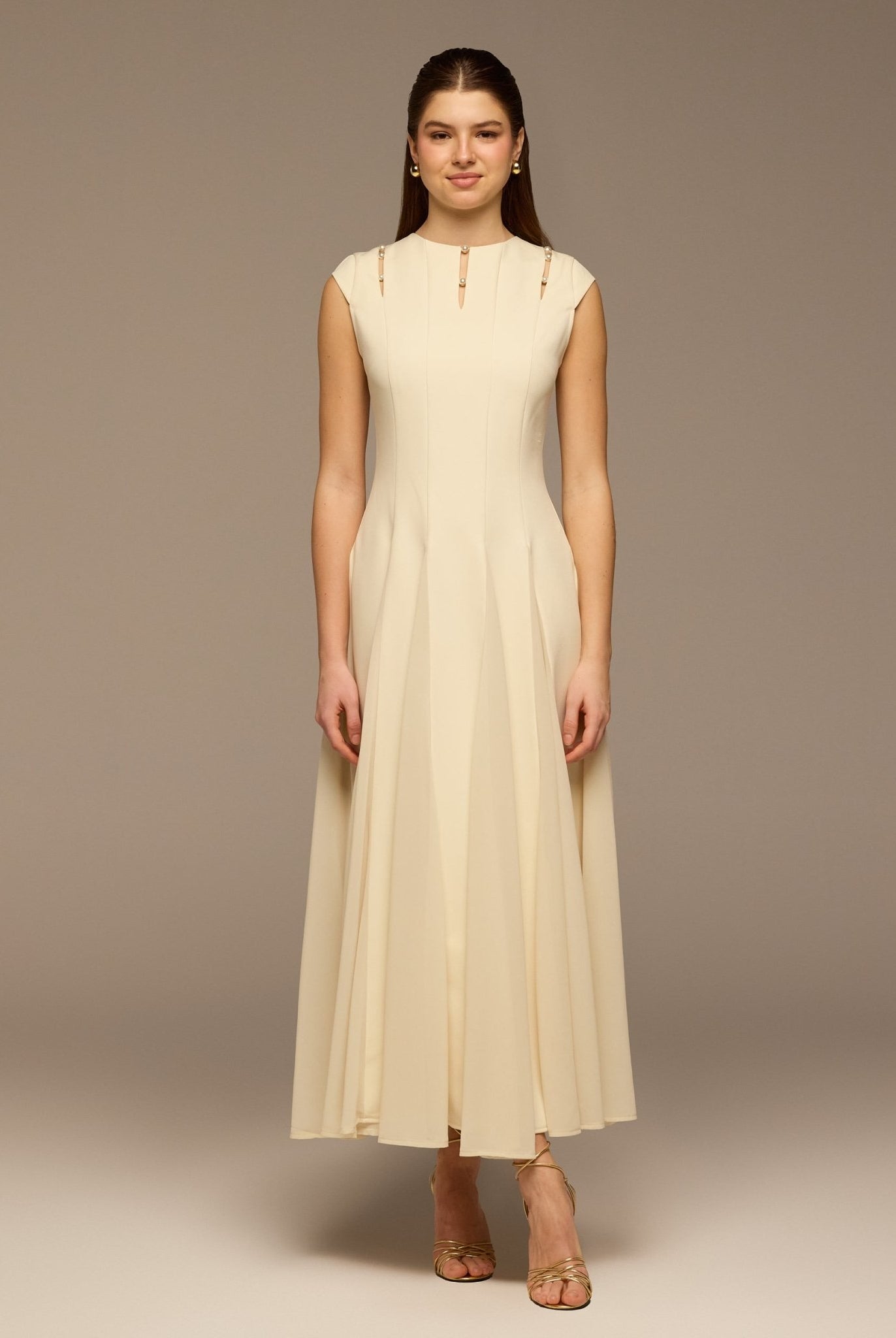 Ivory Crepe Chiffon Sleeveless Maxi Dress - shopaleena