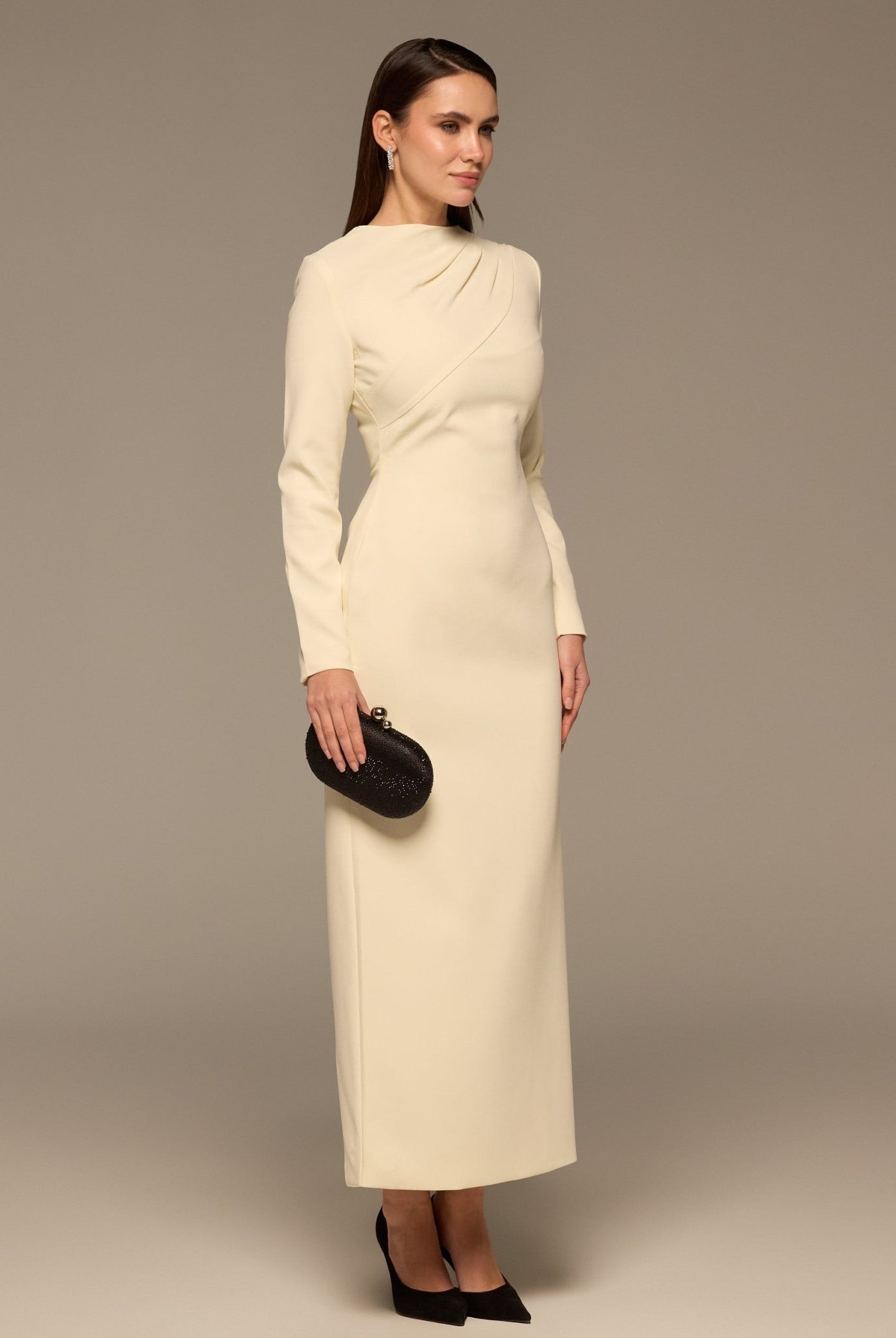 Ivory Crepe Draped Dress with Scarf - shopaleena